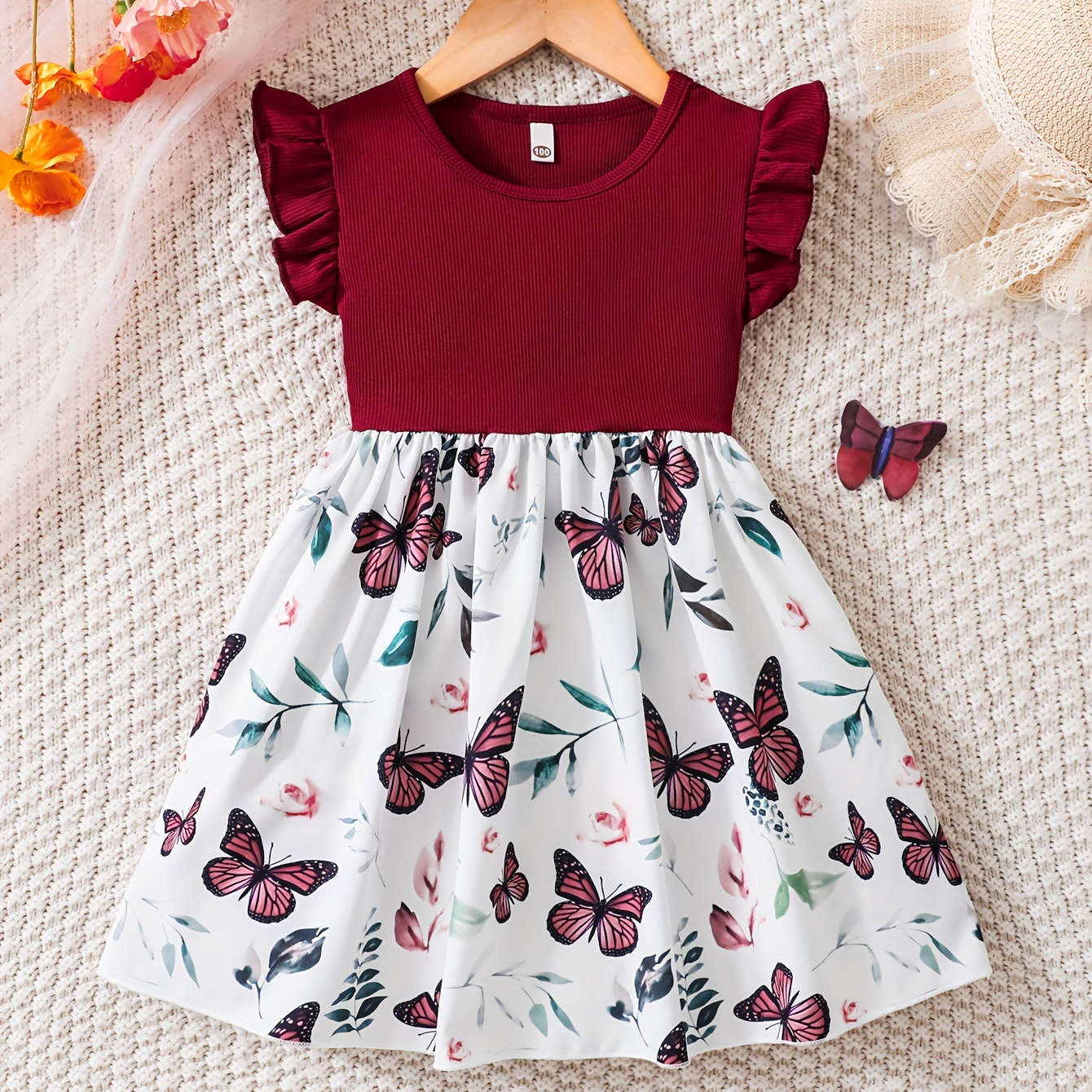 

Elegant Girls Splicing Butterfly Graphic Flutter Trim Dress For Summer Gift Outdoor