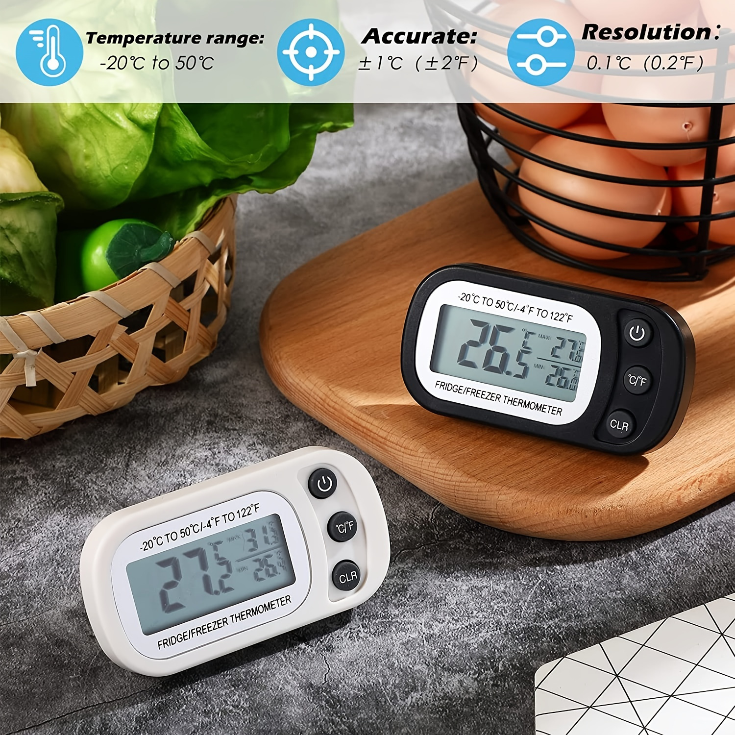 Waterproof Refrigerator Fridge Thermometer, Digital Freezer Room Thermometer,  Max/Min Record Function Large LCD Screen and Magnetic Back for Kitchen,  Home, Restaurants (2 Pack) 