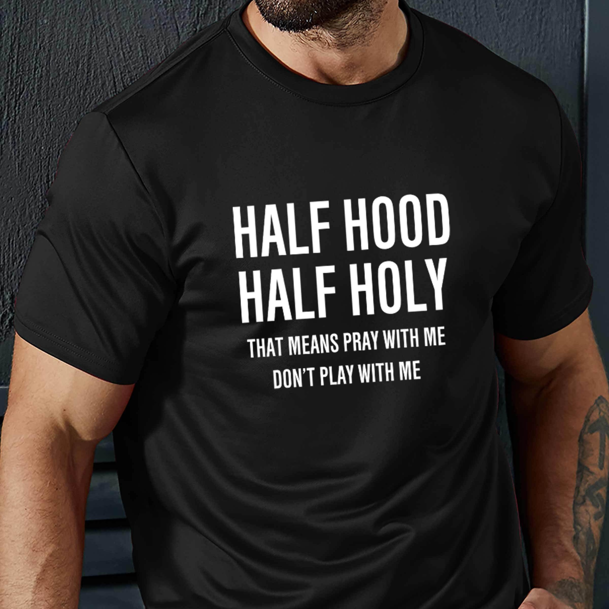 

Plus Size Men's Half Hood Half Holy Graphic Print T-shirt, Casual Short Sleeve Crew Neck Tee For Outdoor, Men's Clothing