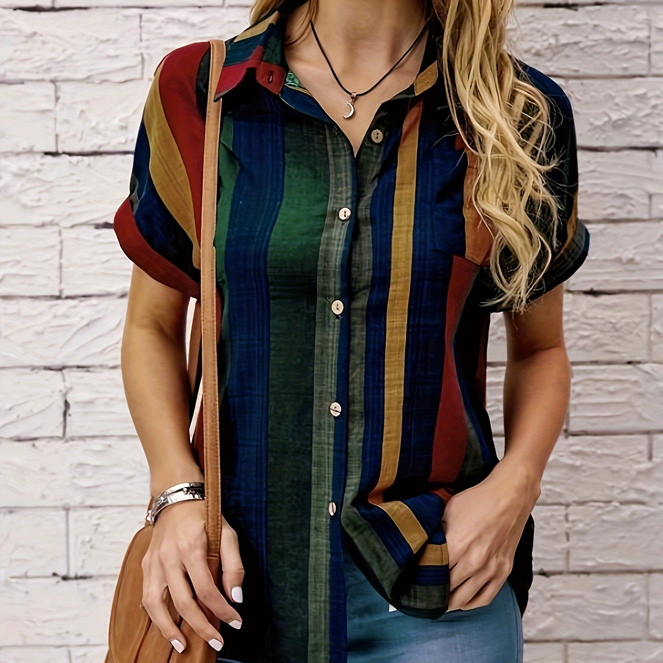 

Women's Striped Shirt Button Short Sleeved Pocket Front Shirt Top Spring/summer/autumn Retro Short Sleeved Shirt, Women's Clothing