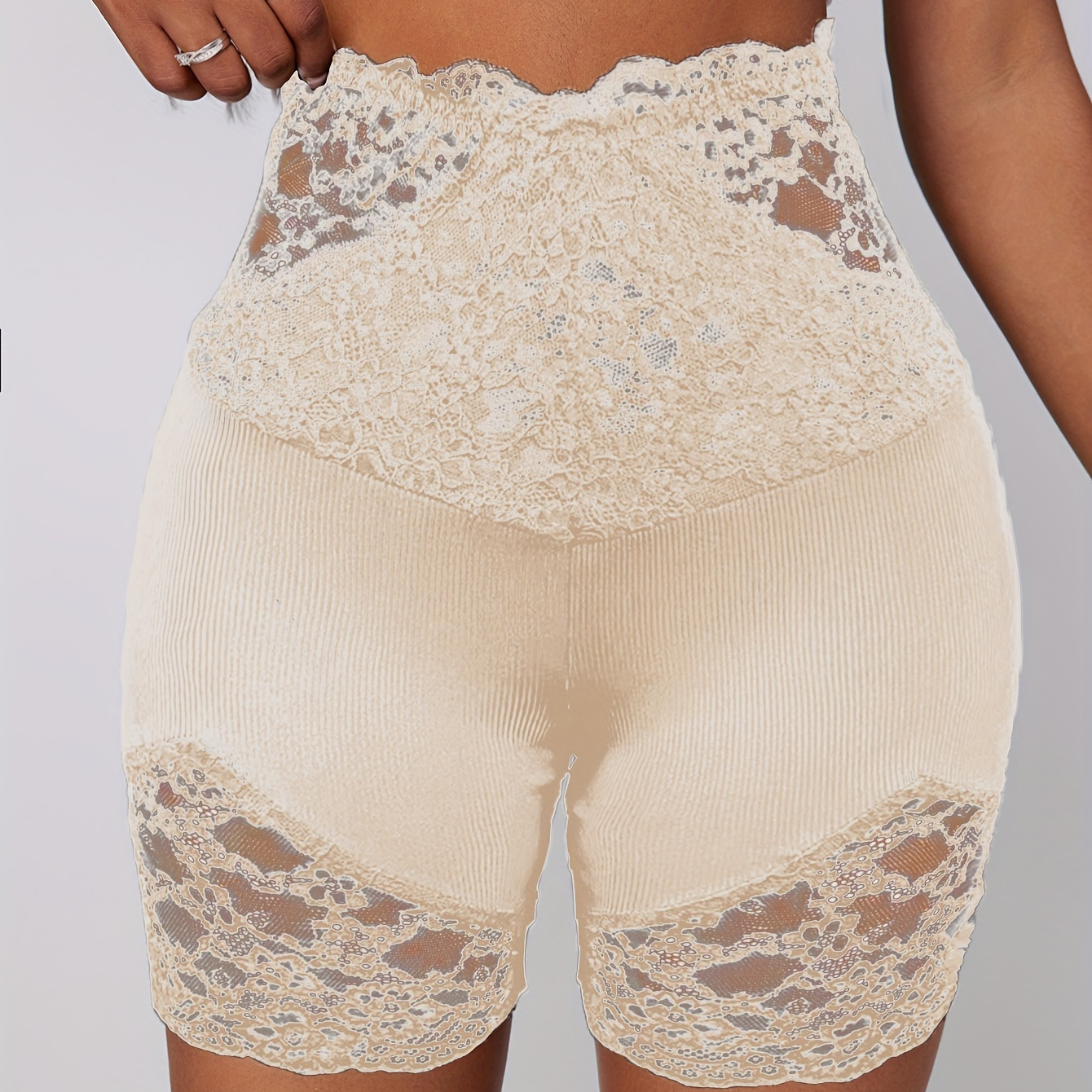 

Contrast Lace Skinny Shorts, Elegant High Waist Stretchy Leggings For Spring & Summer, Women's Clothing