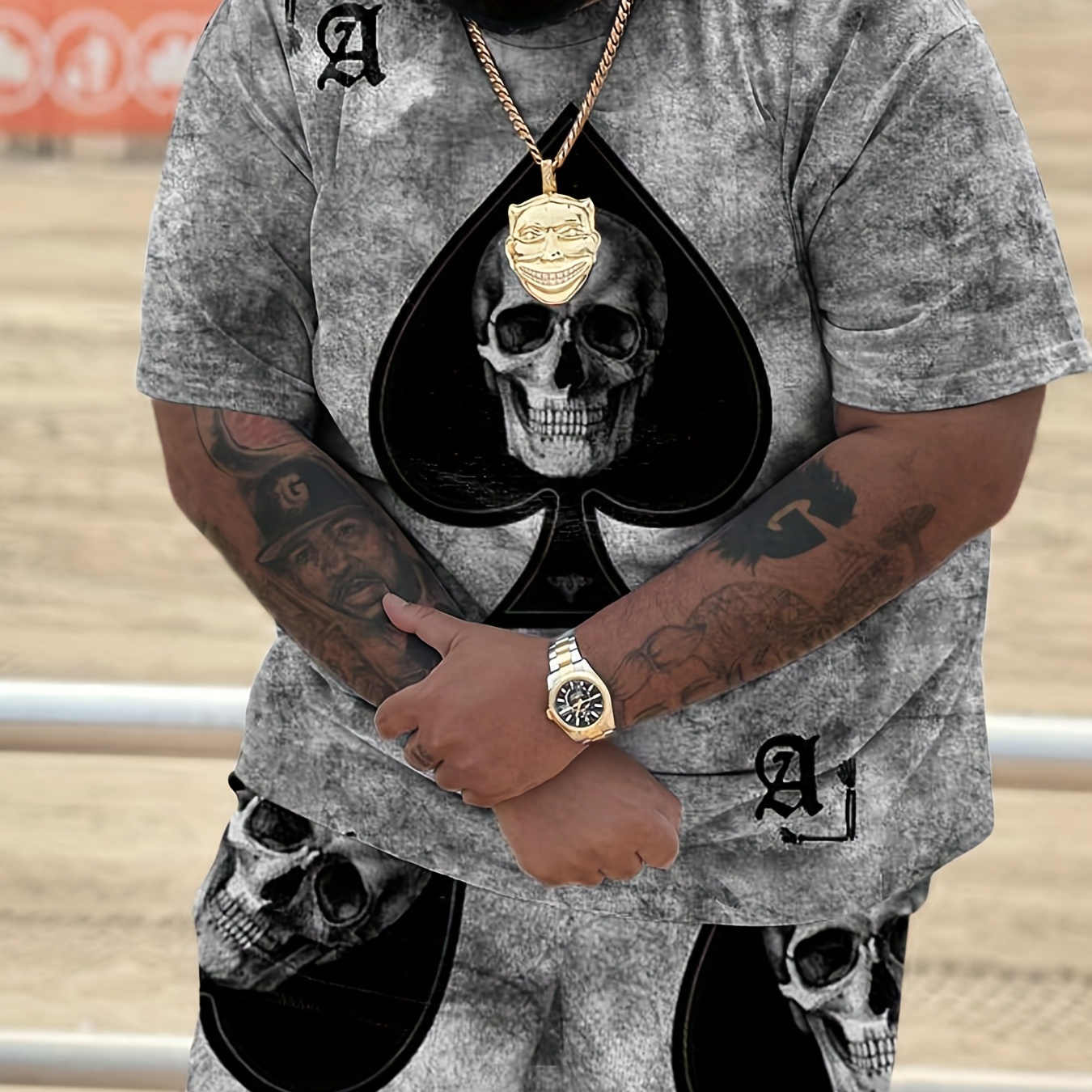 

Plus Size Men's Skull & Spade Graphic Print T-shirt Shorts Set For Summer, Street Style Clothing For Big & Tall Males