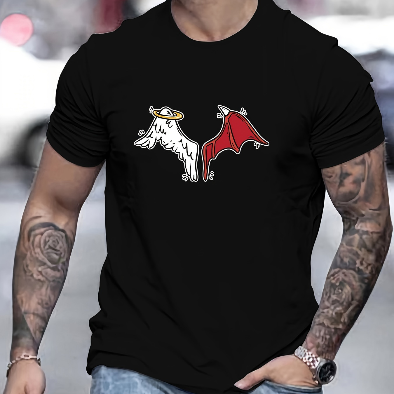 

Devil And Angel Print Cotton T-shirt, Men's Casual Street Style Stretch Round Neck Tee Shirt For Summer