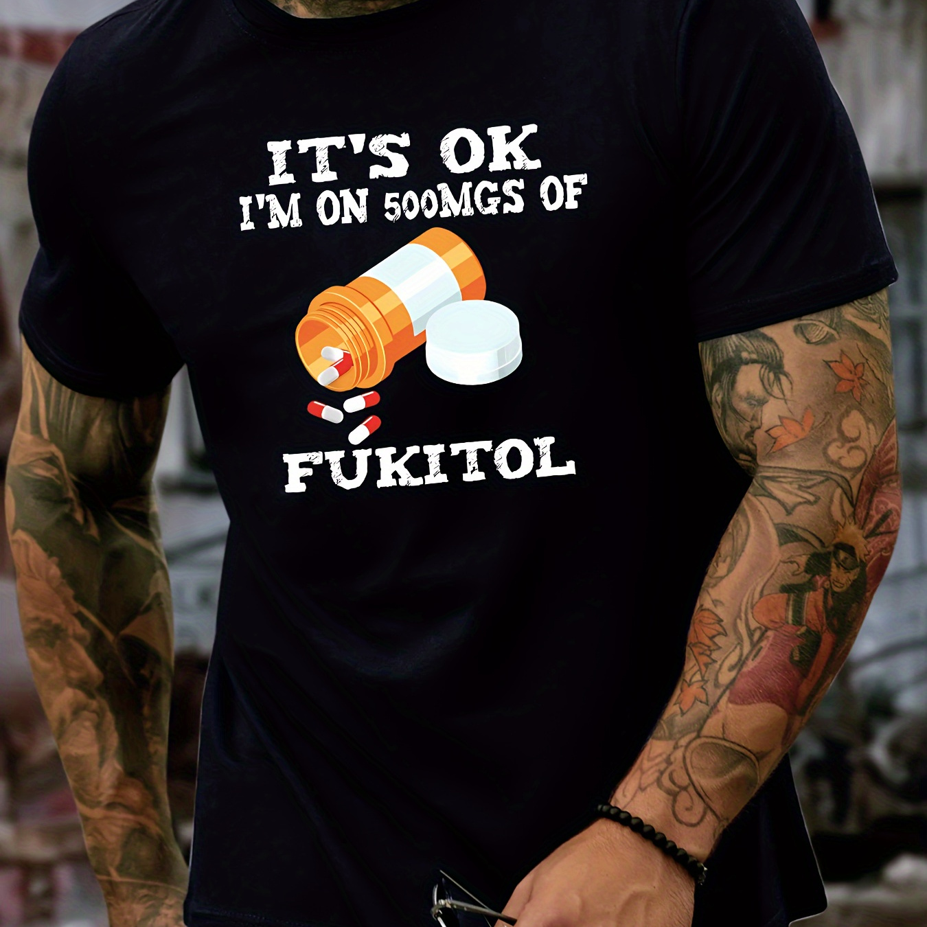 

1pc 500mgs Fukitol Printed Men's Round Neck T-shirt, Short-sleeved Casual Summer Dress