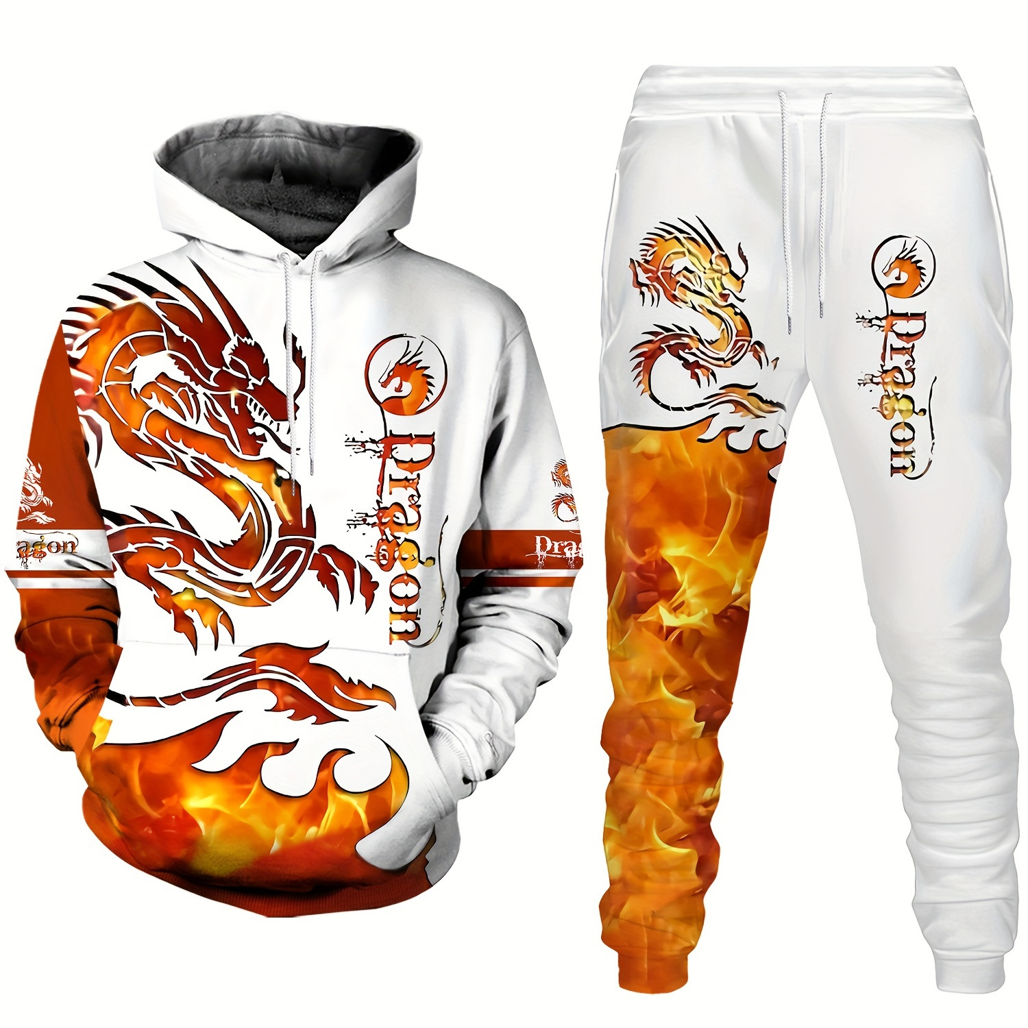 Plus Size Men's Dragon Print Hooded Sweatshirt & Sweatpants Set For Fall Winter, Men's Clothing