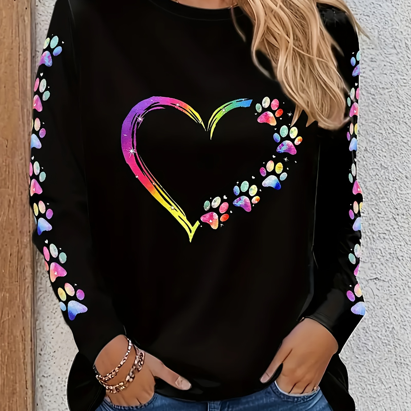 

[1pc Women's Casual Long Sleeve T-shirt] Women's Casual Long Sleeve Crew Neck T-shirt, Polyester Knit Fabric, With Heart And Paw Print Pattern, For Spring/fall