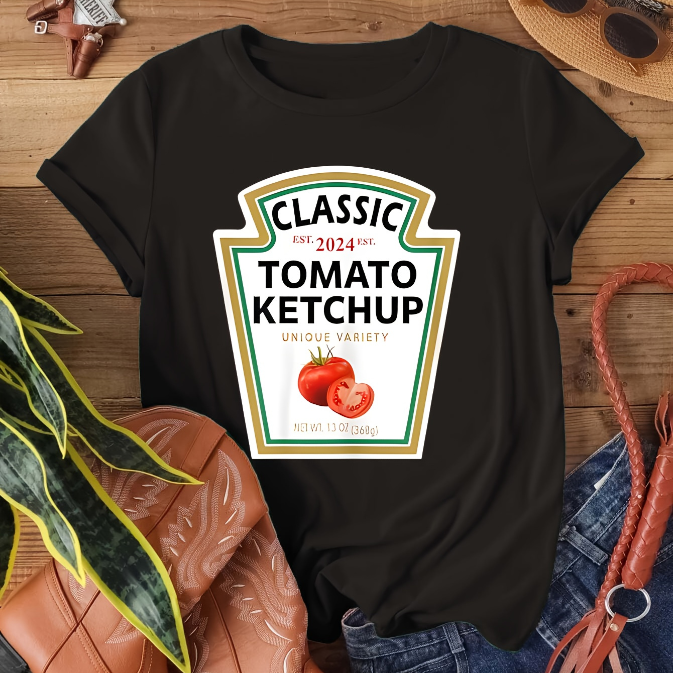 

Tomato Ketchup Print T-shirt, Short Sleeve Crew Neck Casual Top For Summer & Spring, Women's Clothing