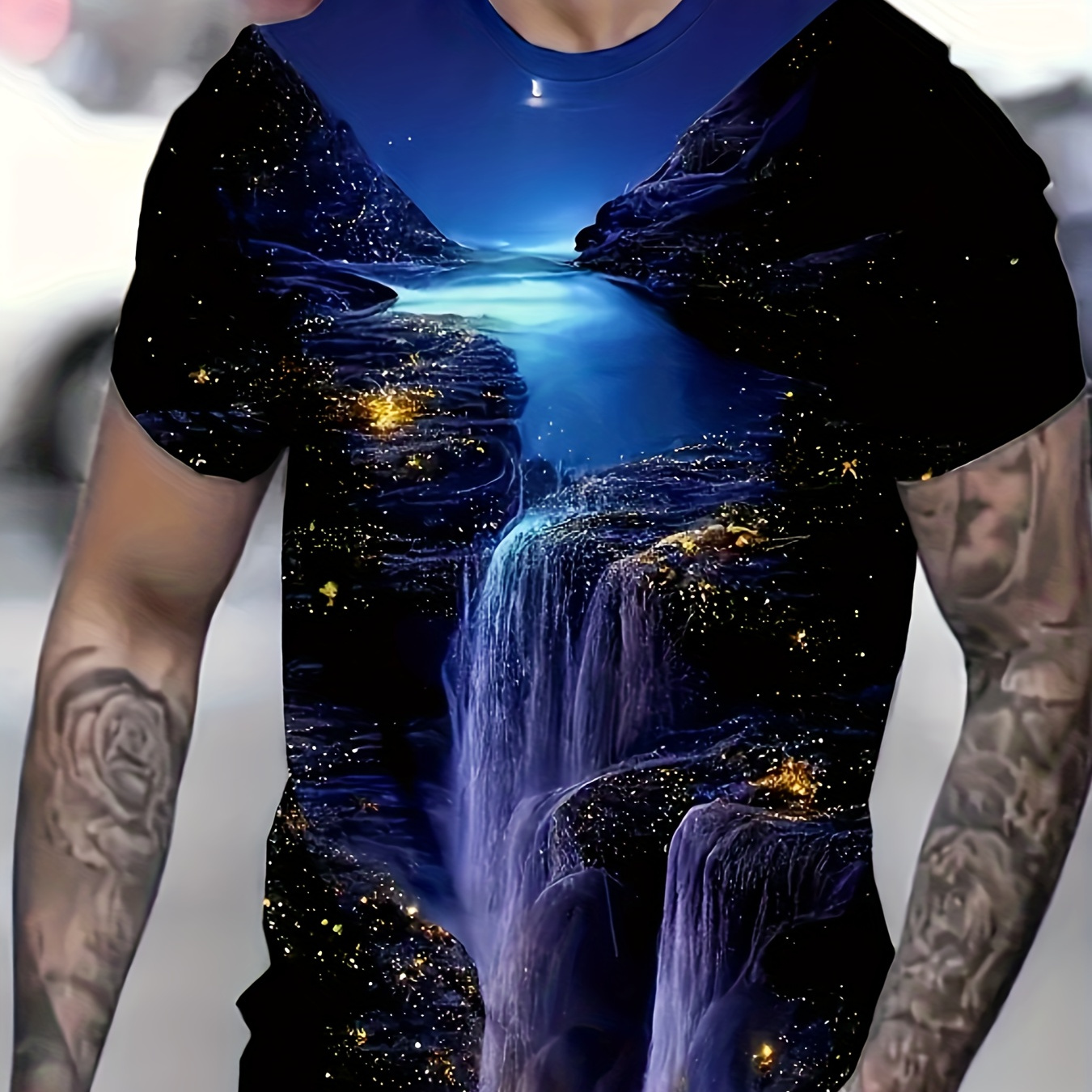 

Plus Size Men's 3d Waterfall & Starry Sky Graphic Print T-shirt Slim Fit Fashion Tees Short Sleeve Tops For Summer, Men's Clothing