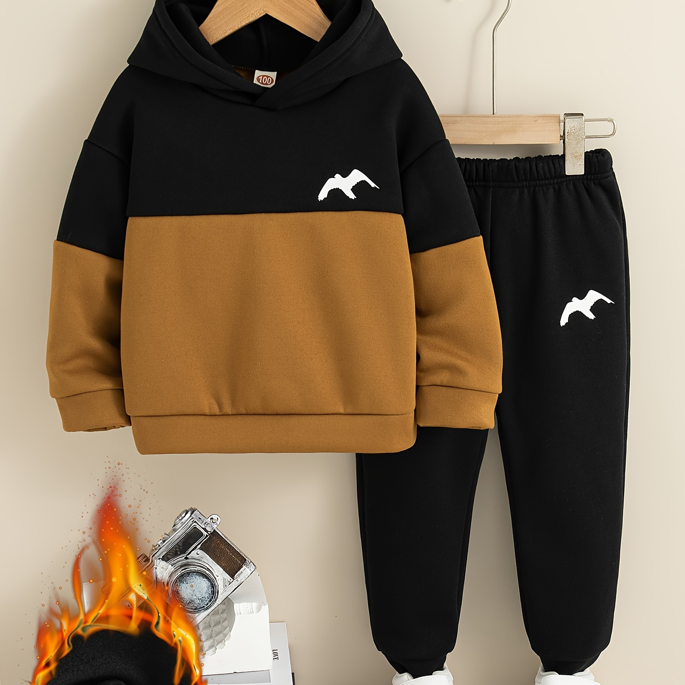 

2-piece Boys Casual Warm Fleece Co Ord Set, Bird Print Versatile Color Block Hoodie And Jogger Pants, Comfy Winter Fall Clothes