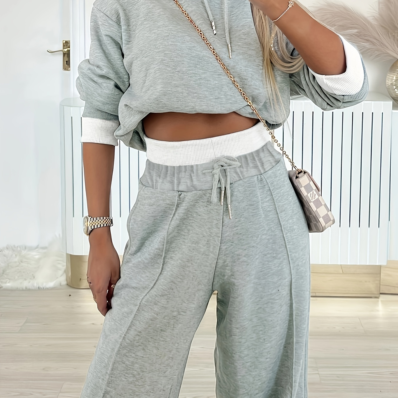 

Spring, Autumn And Winter Solid Color Hooded Sweatshirt Two-piece Set, Casual Shoulder Long-sleeved Drawstring Hoodie And Wide Pants Set