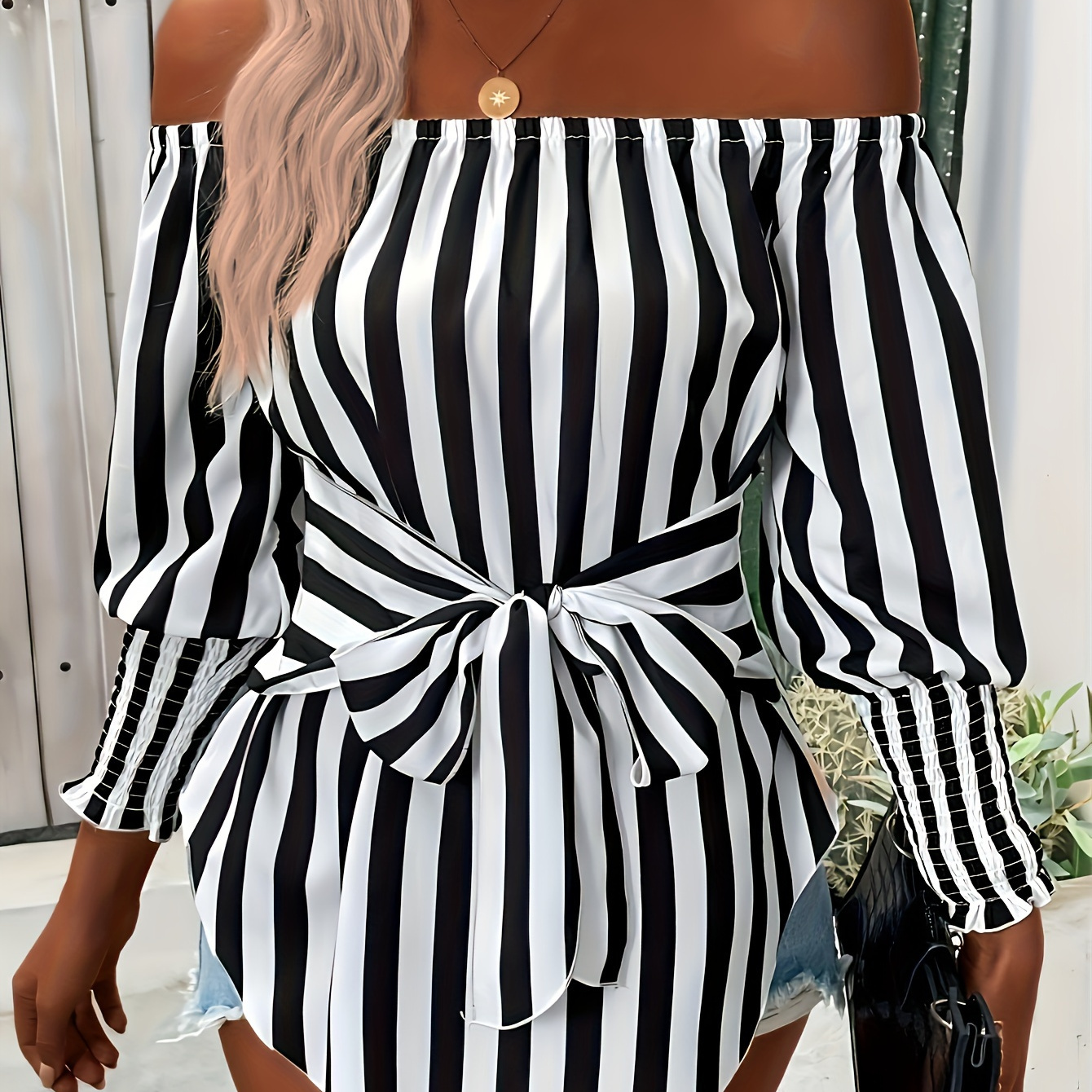 

Striped Print Off Shoulder Blouse, Elegant Tie Front Blouse For Spring & Fall, Women's Clothing