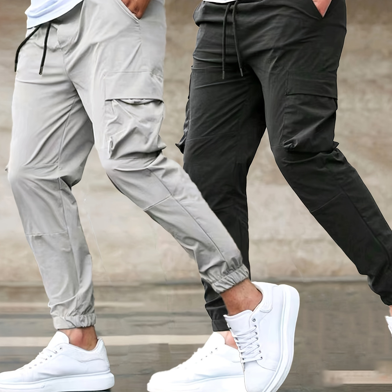 

Pantalon cargo pour hommes avec ourlets et cordon de serrage, poches de couleur unie, coupe ample et tendance pour une tenue décontractée