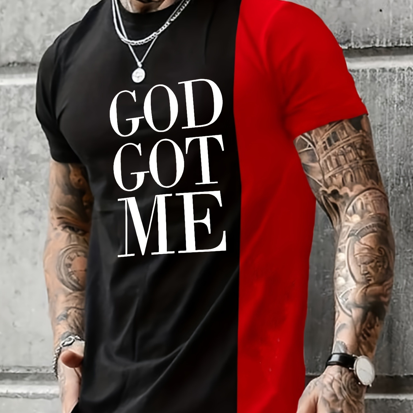

''god Got Me'' Men's Color Block T-shirt, Casual Stretch Loose Tees For Summer