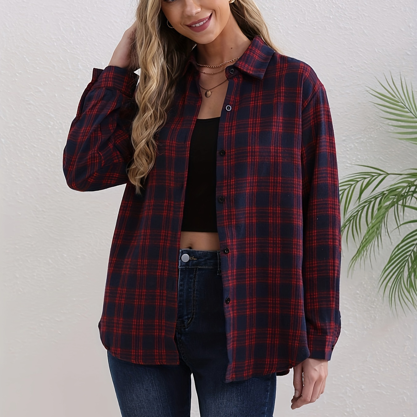 

Plaid Pattern Button Front Shirt, Casual Long Sleeve Shirt For Spring & Fall, Women's Clothing