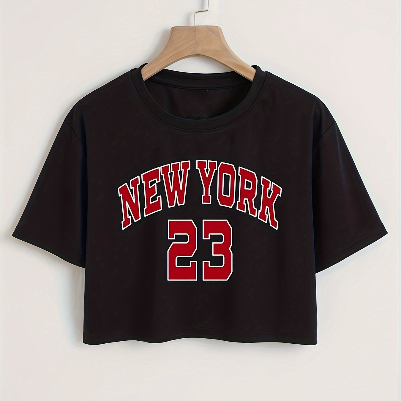 

New York Print T-shirt, Casual Short Sleeve Crew Neck Crop Top For Spring & Summer, Women's Clothing