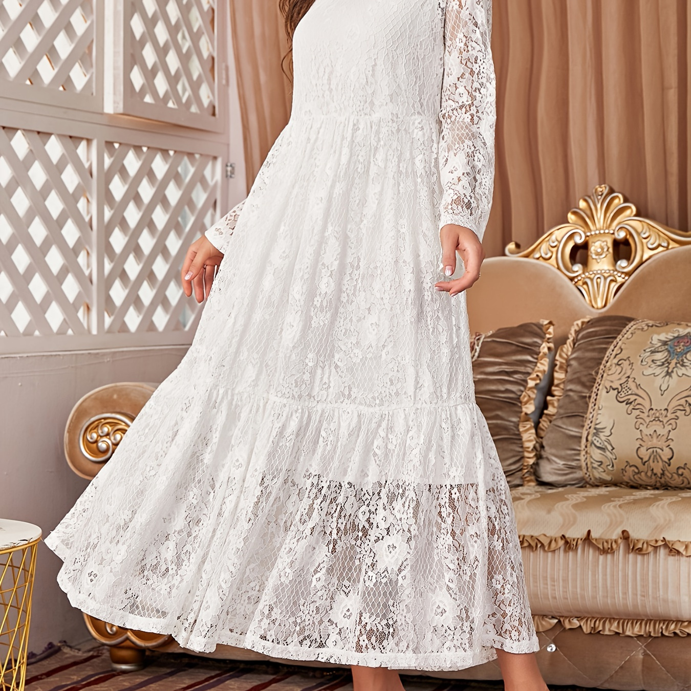 Lace panel tiered dress long cheap sleeve