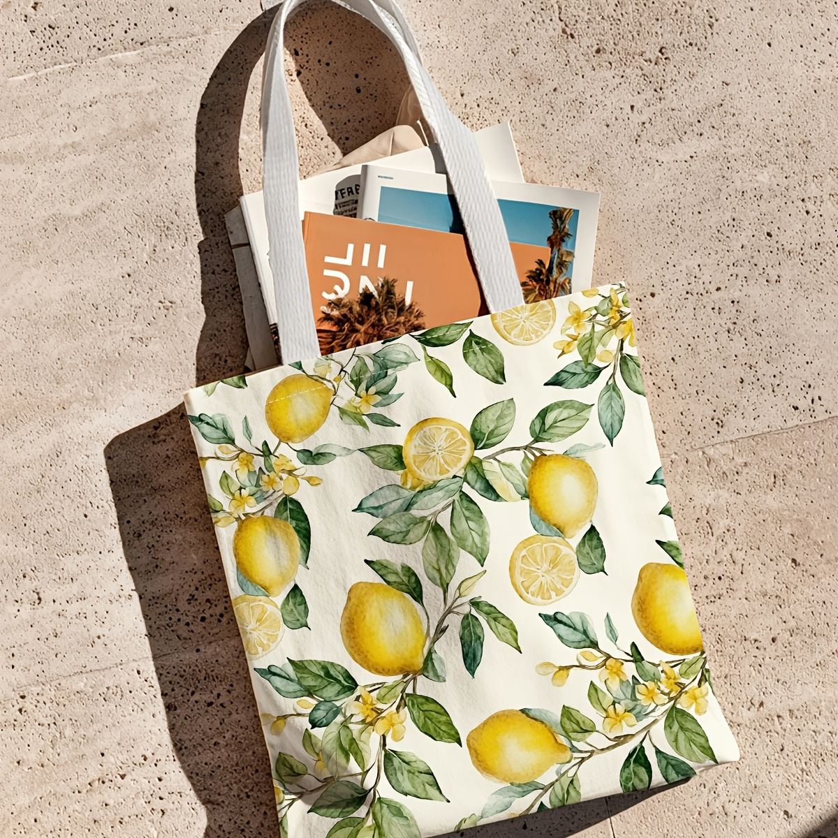 TEMU Bolso tote reutilizable 2D de 1 pieza con de limones en acuarela, duplex de limones frescos y hojas verdes, para comprar comestibles, viajes a ,