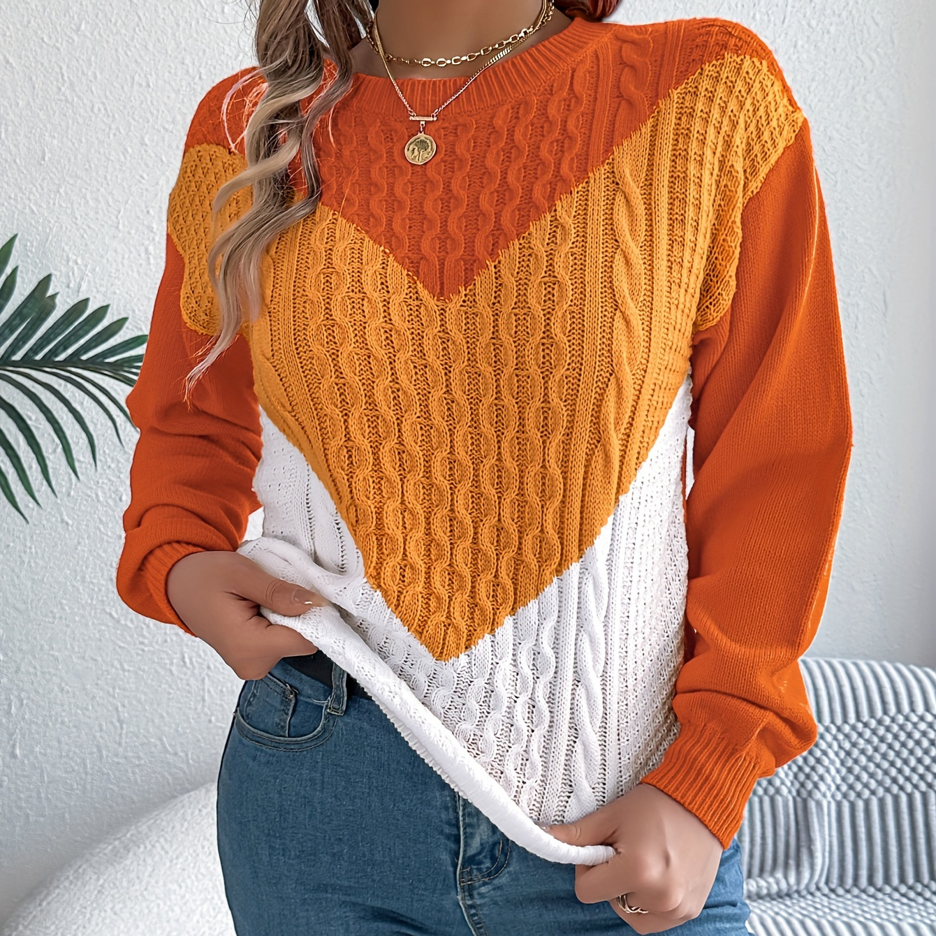 

Pullover en acrylique pour femme - Col rond, rayures colorées, manches longues - Style décontracté pour les vacances, pull d'automne/hiver