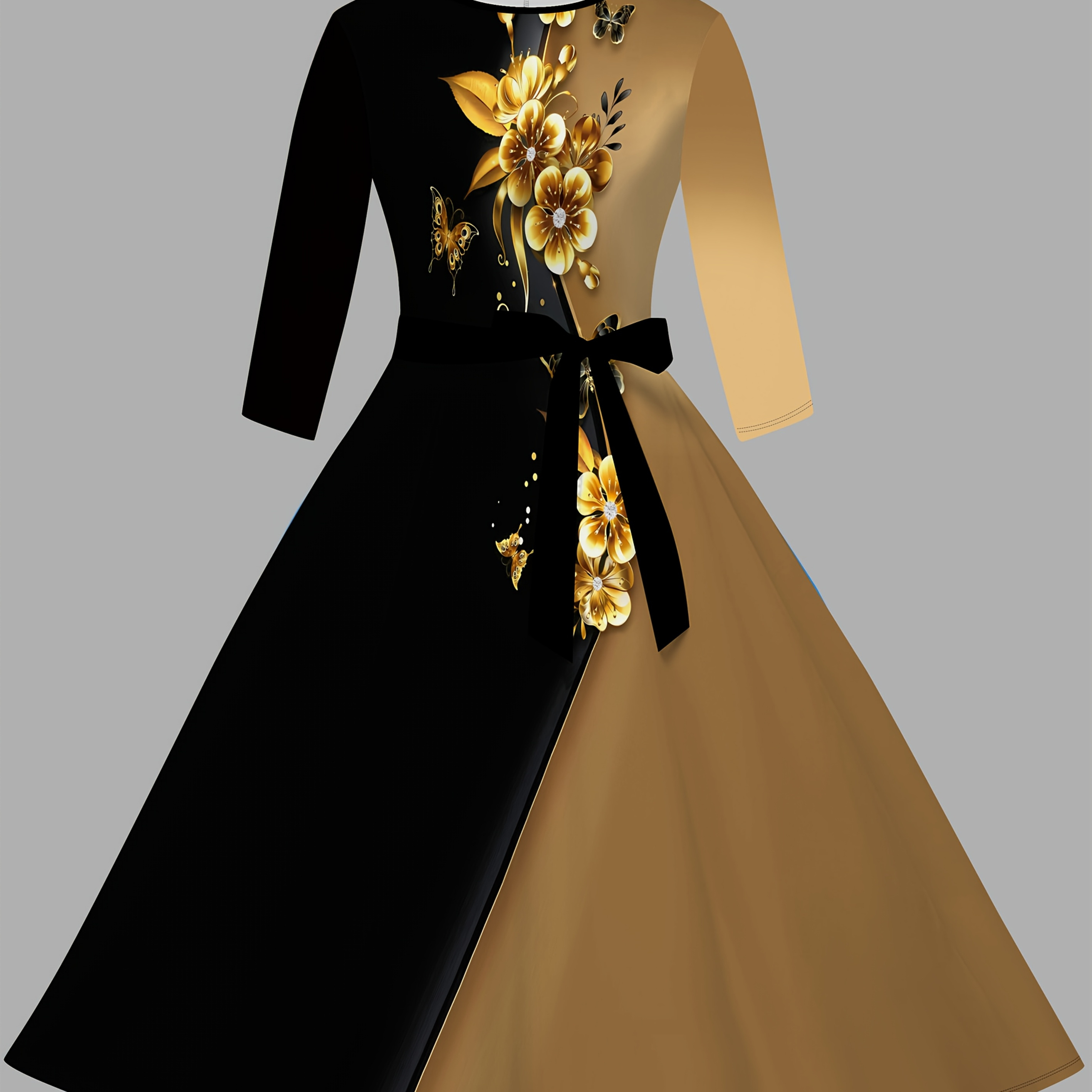 Black & Gold Floral Belted Midi Dress