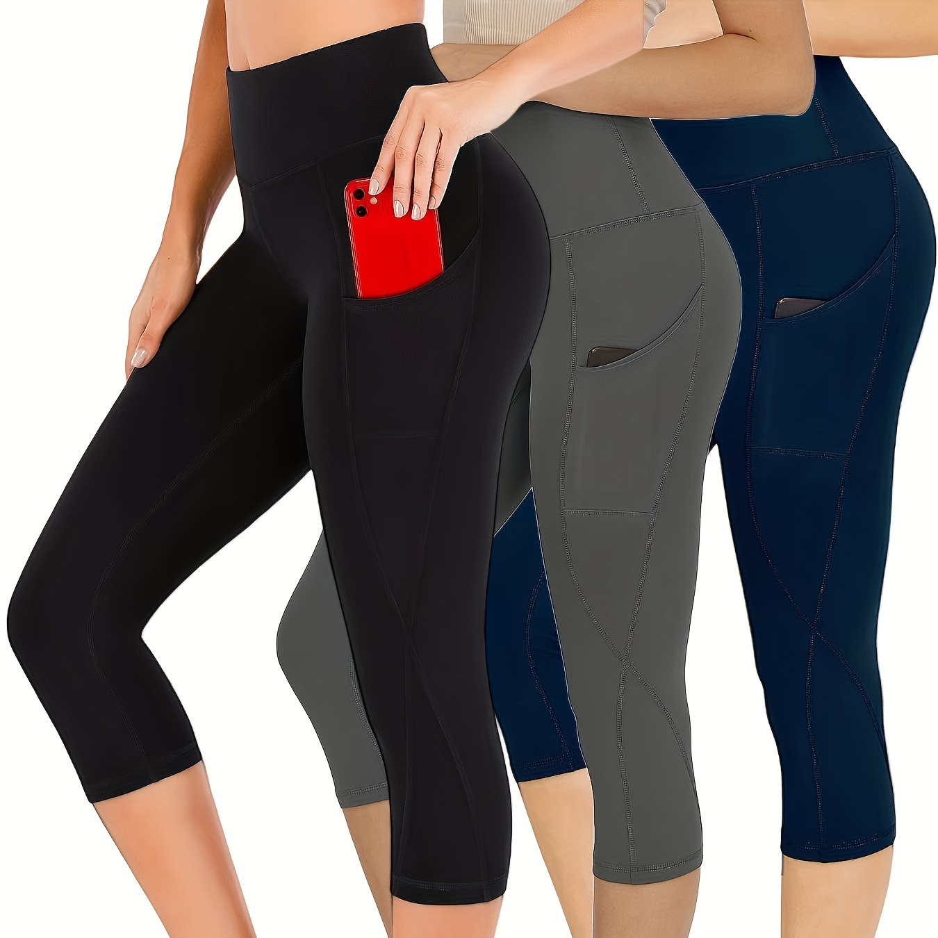 

3-pack Women's High-waist Tummy Control Breathable Yoga Pants, Athletic Workout Running Capris, Sports Leggings Style