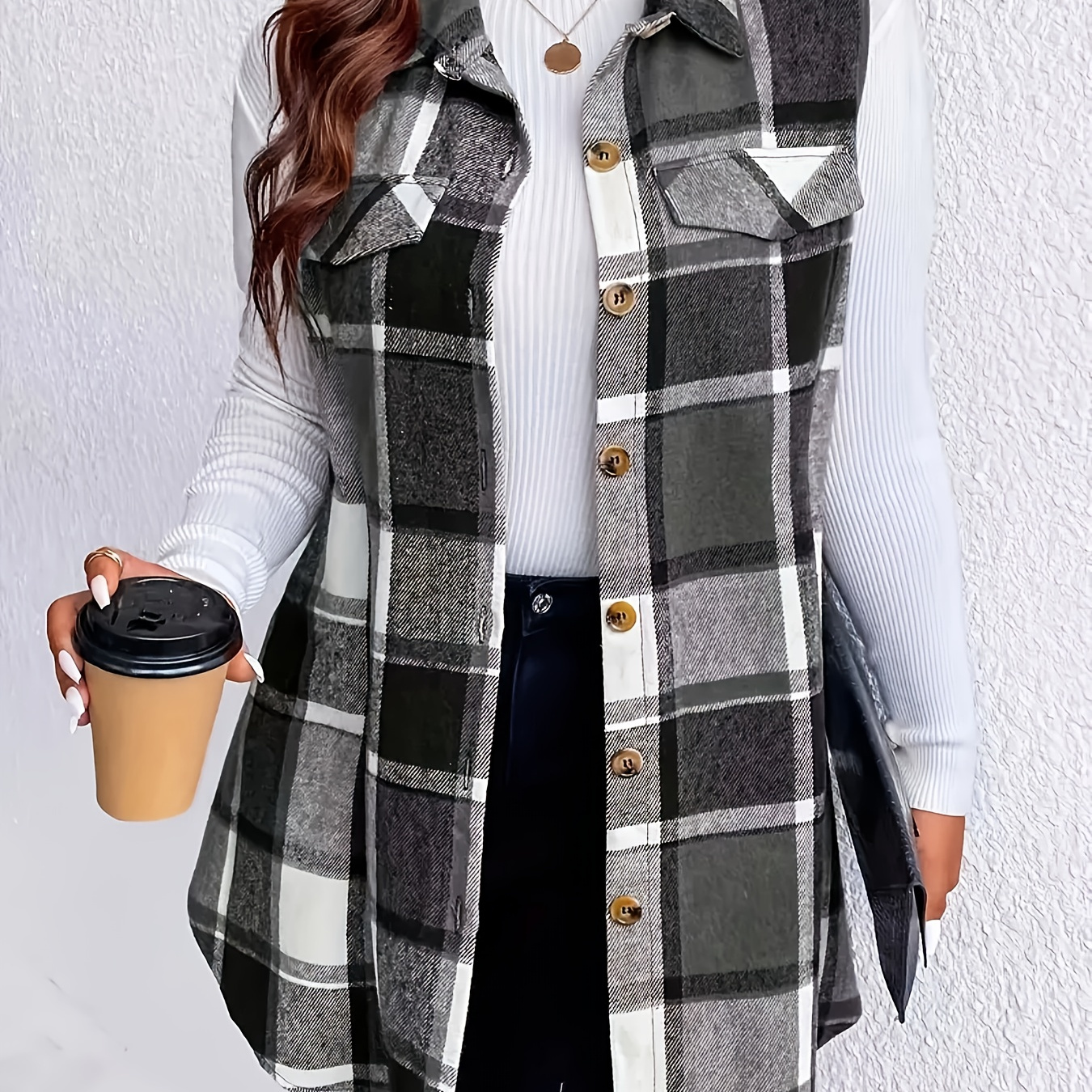 

Plus Size Pattern Vest Jacket, Elegant Sleeveless Buttons Jacket For , Women's Plus Size clothing