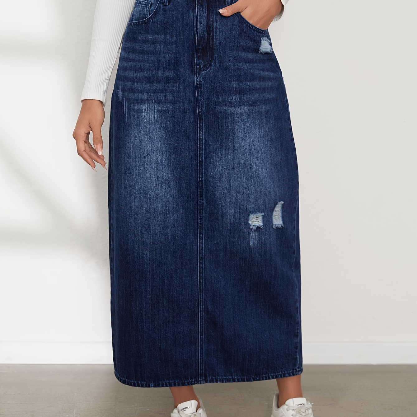 

Ripped Holes Casual Denim Skirt, Slant Pockets Non-stretch Denim Midi Skirt, Women's Denim Clothing