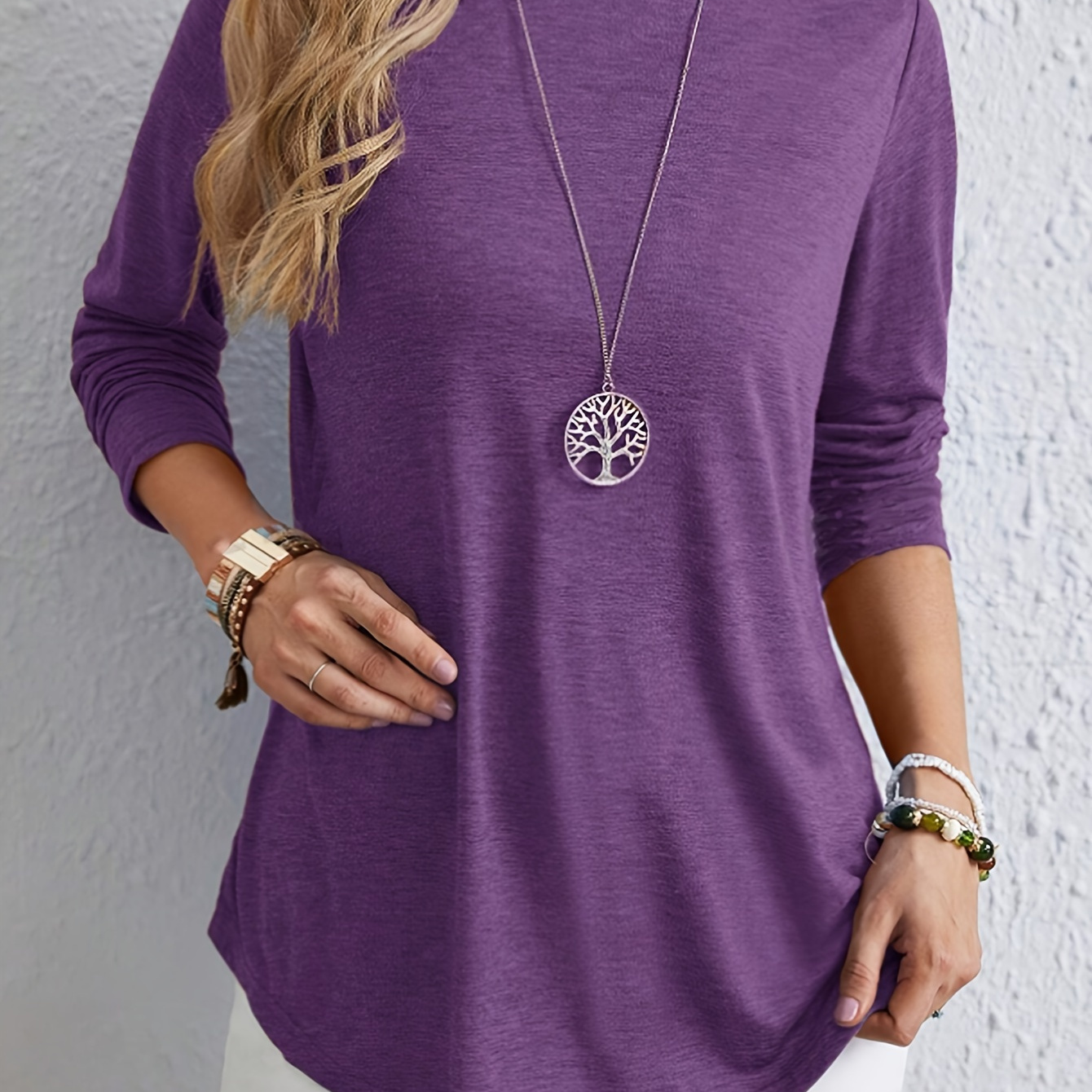 

Button Back Curved Hem Tunics, Versatile Long Sleeve T-shirt For Spring & Fall, Women's Clothing