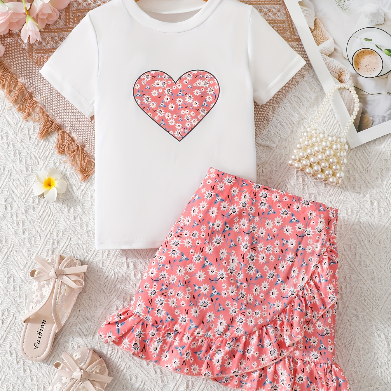

Floral Print Girl's 2pcs, Short Sleeve T-shirt Top + Ruffle Floral Skirt Set For Vacation Party Daily Outfit, Summer Clothes