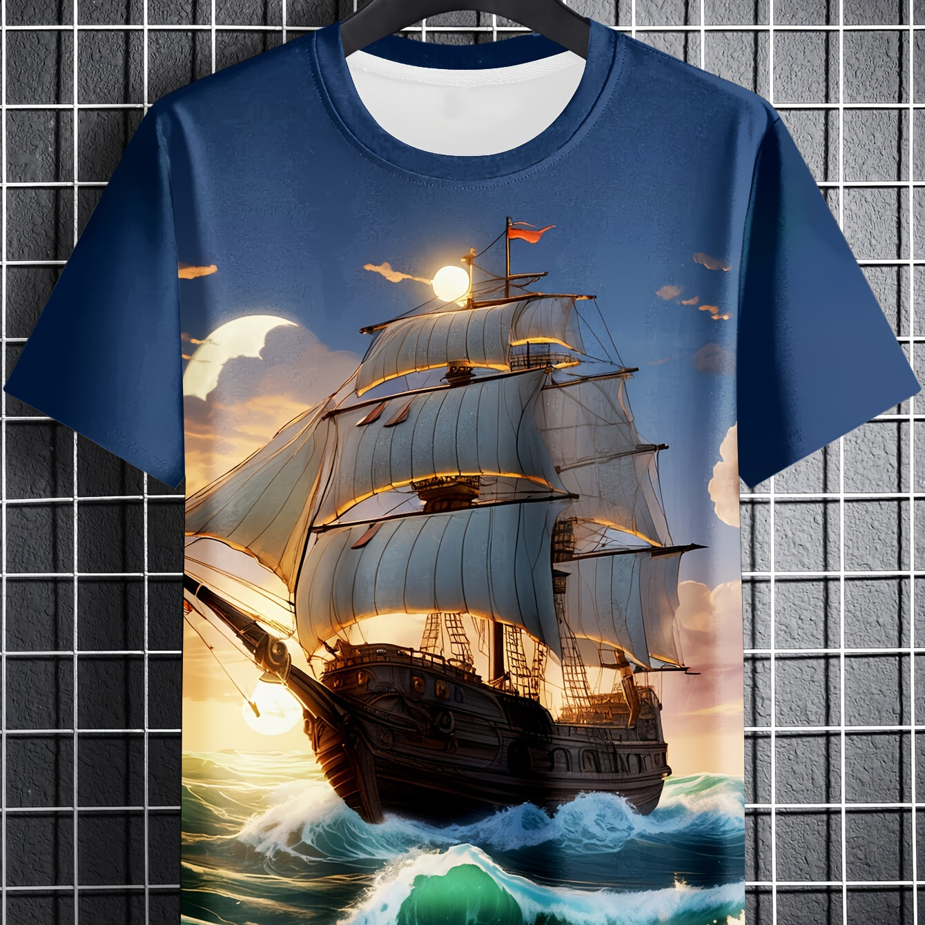 

Men's Ship Print T-shirt, Casual Short Sleeve Crew Neck Tee, Men's Clothing For Outdoor