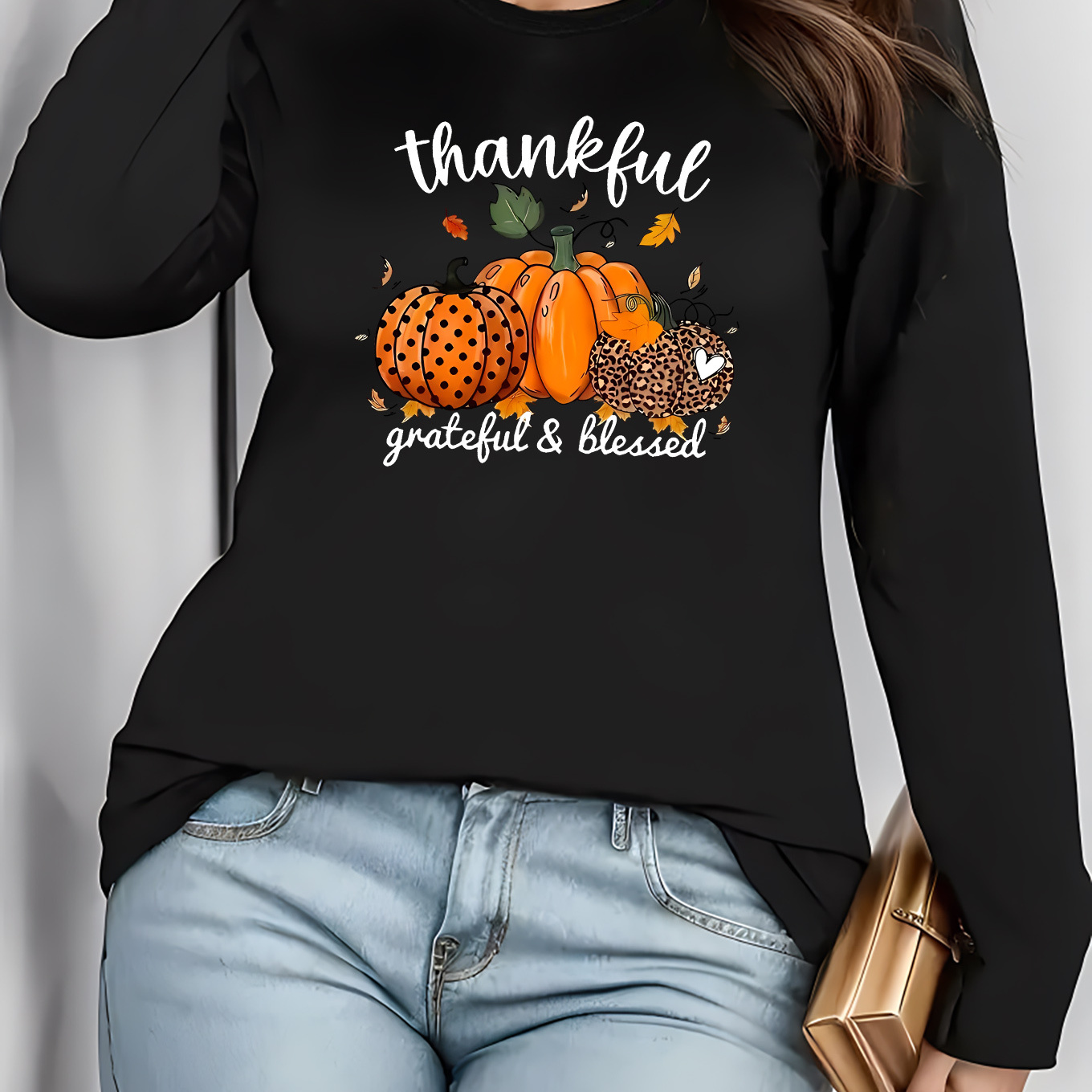 

Plus Size Thanksgiving Long Sleeve T-shirt - Polyester & Spandex Blend, Knit Fabric, Crew Neck, Spring/summer Fashion Top With Pumpkin Print, Grateful & Blessed Motif