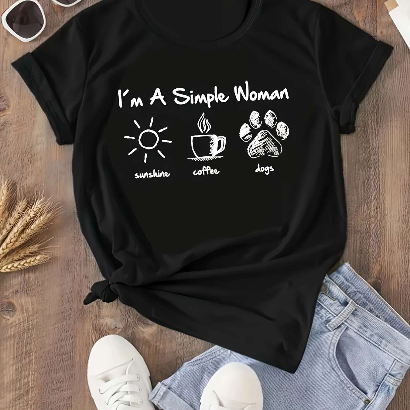 

Sunshine Coffee Dogs Print T-shirt, Short Sleeve Crew Neck Casual Top For Summer & Spring, Women's Clothing