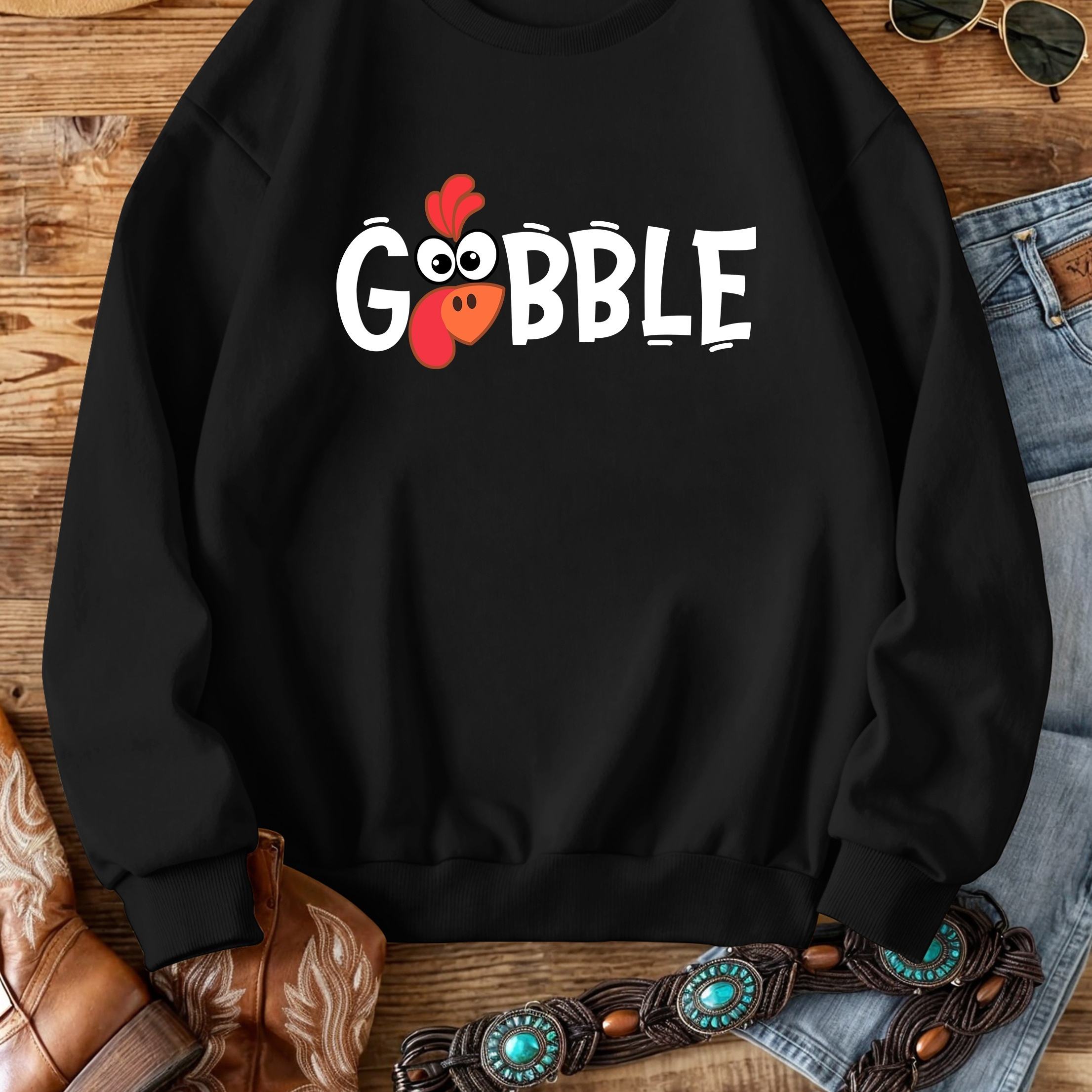 

Women's Casual Crew Neck Sweatshirt With Thanksgiving Turkey Alphabet Print, 100% Polyester Knit Fabric, Long Sleeve Pullover For Fall/winter