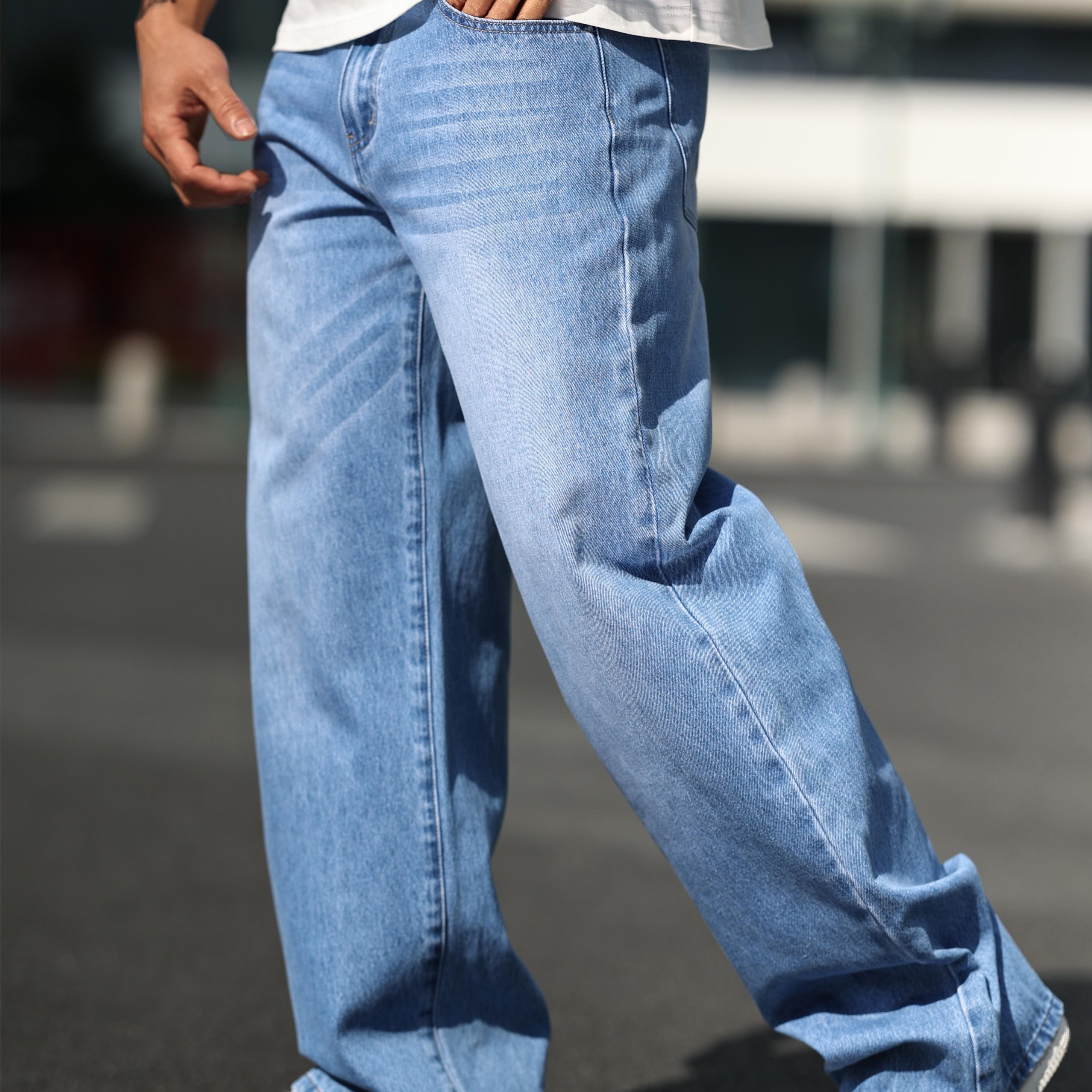 

Men's Solid Wide Leg Denim Pants, Versatile Stylish Jeans, Long Straight Trouser For Men's Daily Life