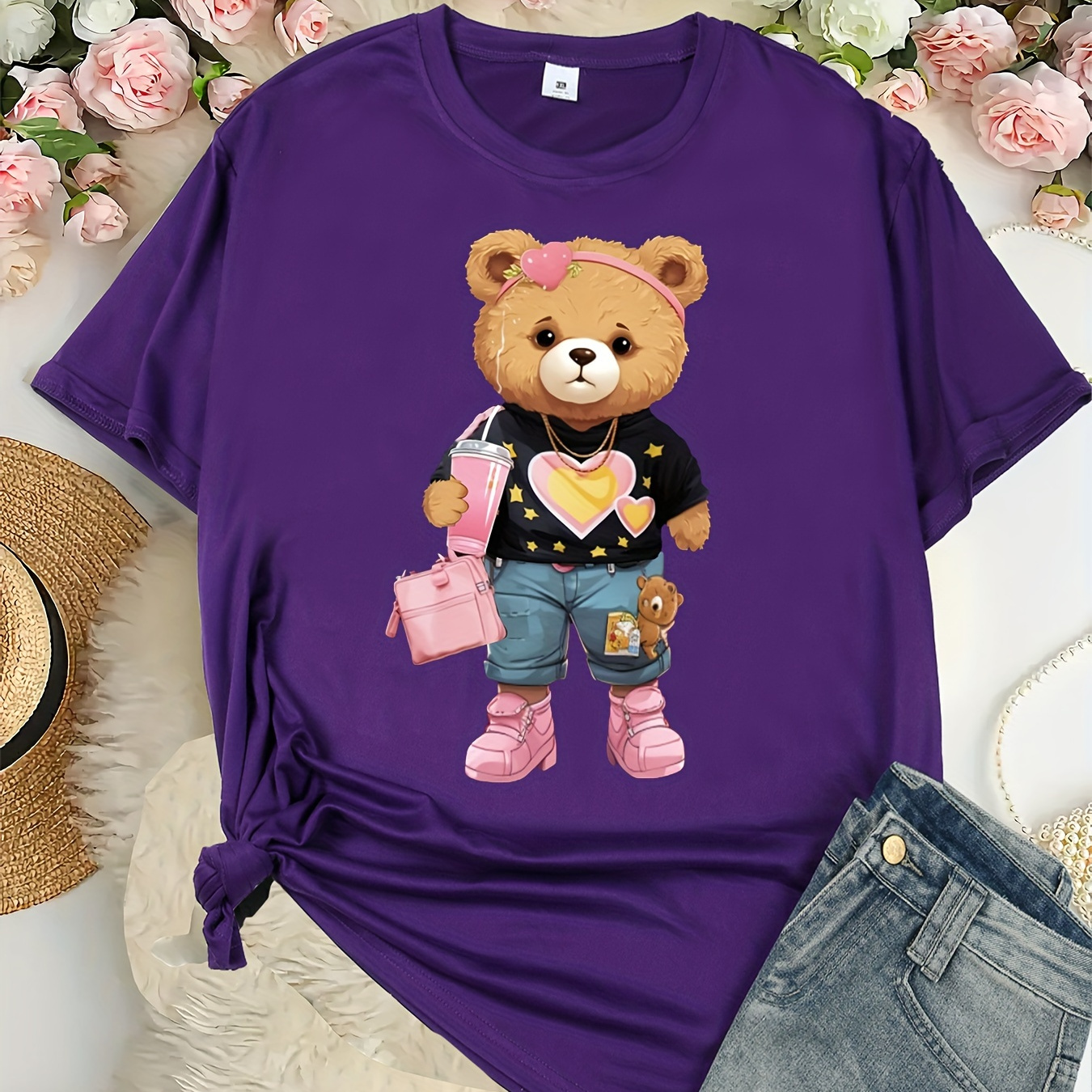 

Plus Size Casual Sports T-shirt, Polyester Blend With Spandex, Crew Neck, Medium Stretch, All-season, Bear Print Graphic Tee, Fashionable Women's Tops