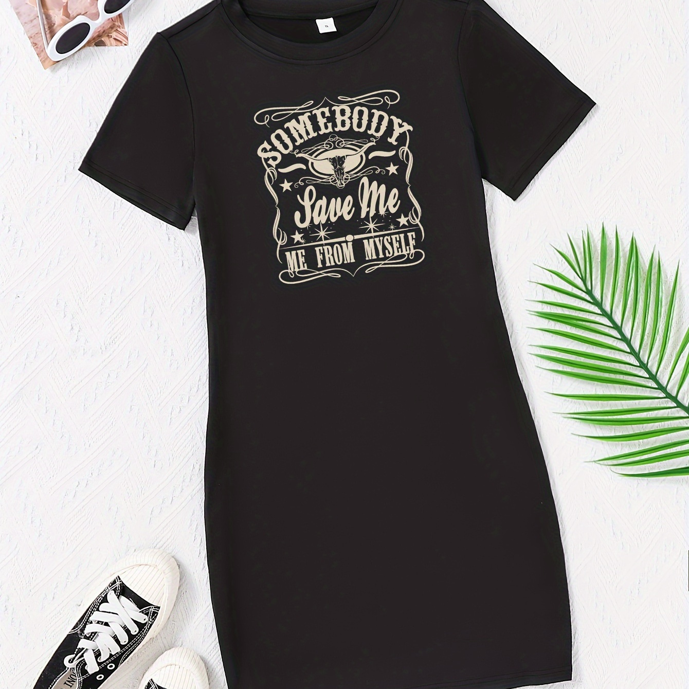 

Save Me Letter Print Tee Dress, Short Sleeve Crew Neck Casual Dress For Summer & Spring, Women's Clothing