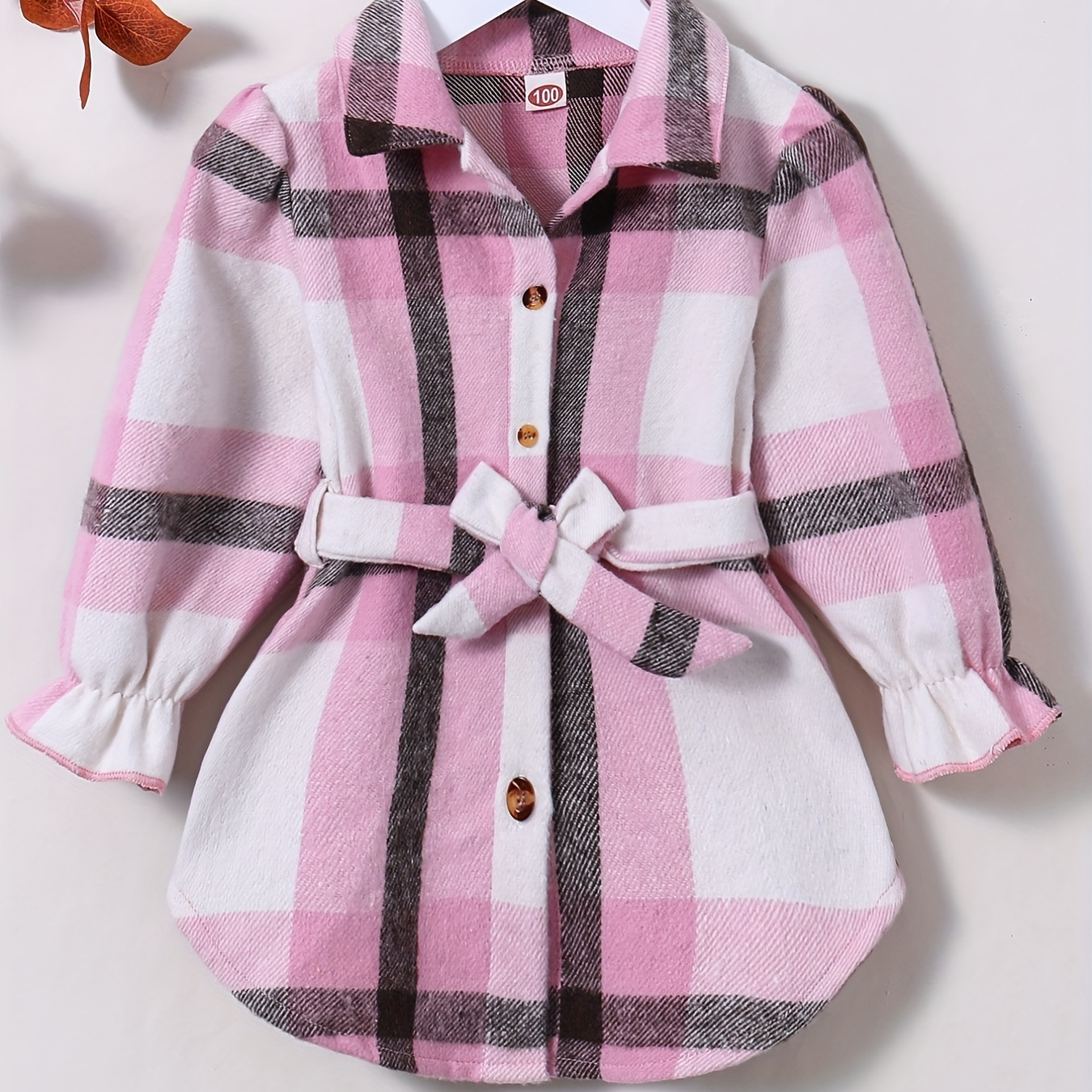 

Kid Girls Flannel Plaid Button Collared Long Sleeve Blouse Casual Long Shirts With Belt For Daily Going Out