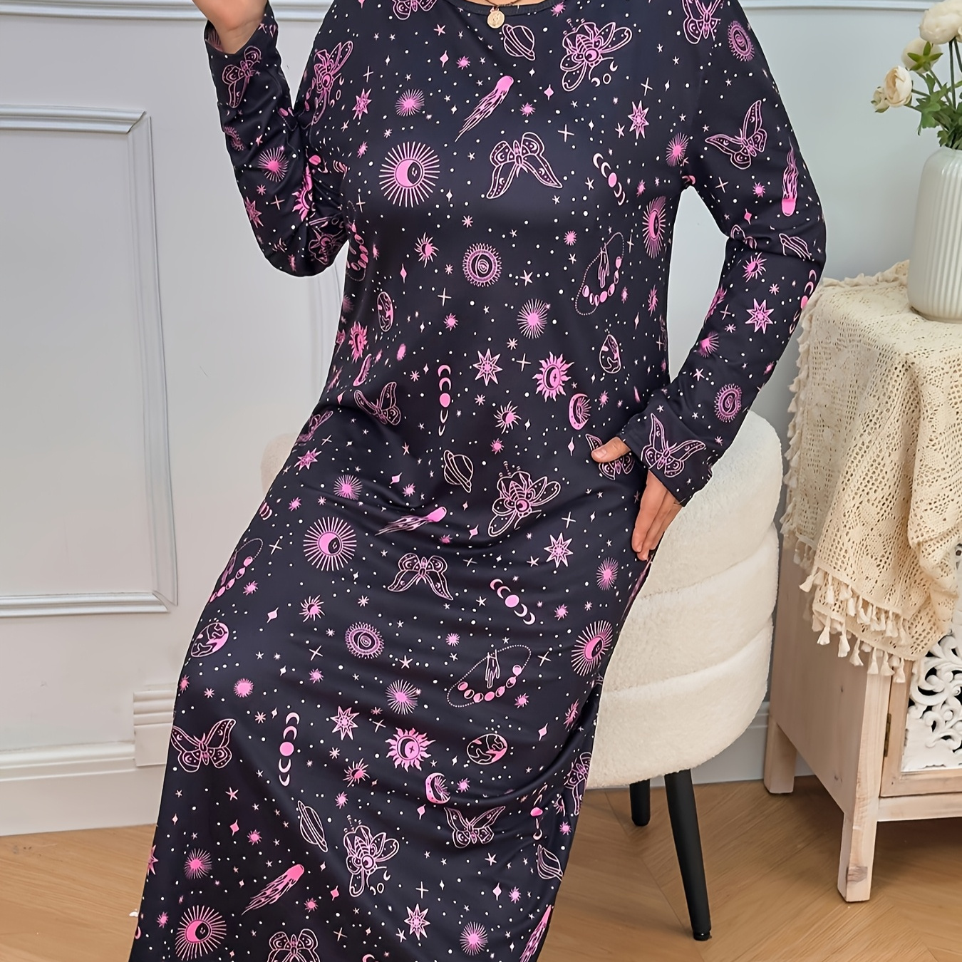 

Plus Size Casual Nightdress, Women's Plus Print Long Sleeve Round Neck Tee Sleep Dress