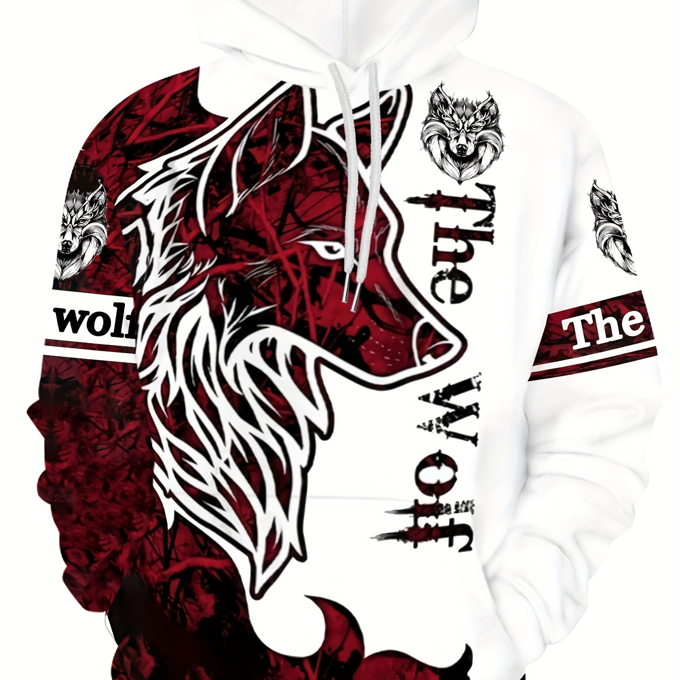 

Men's Wolf Graphic Print Hoodie With Kangaroo Pocket, Casual Long Sleeve Hooded Sweatshirt For Outdoor