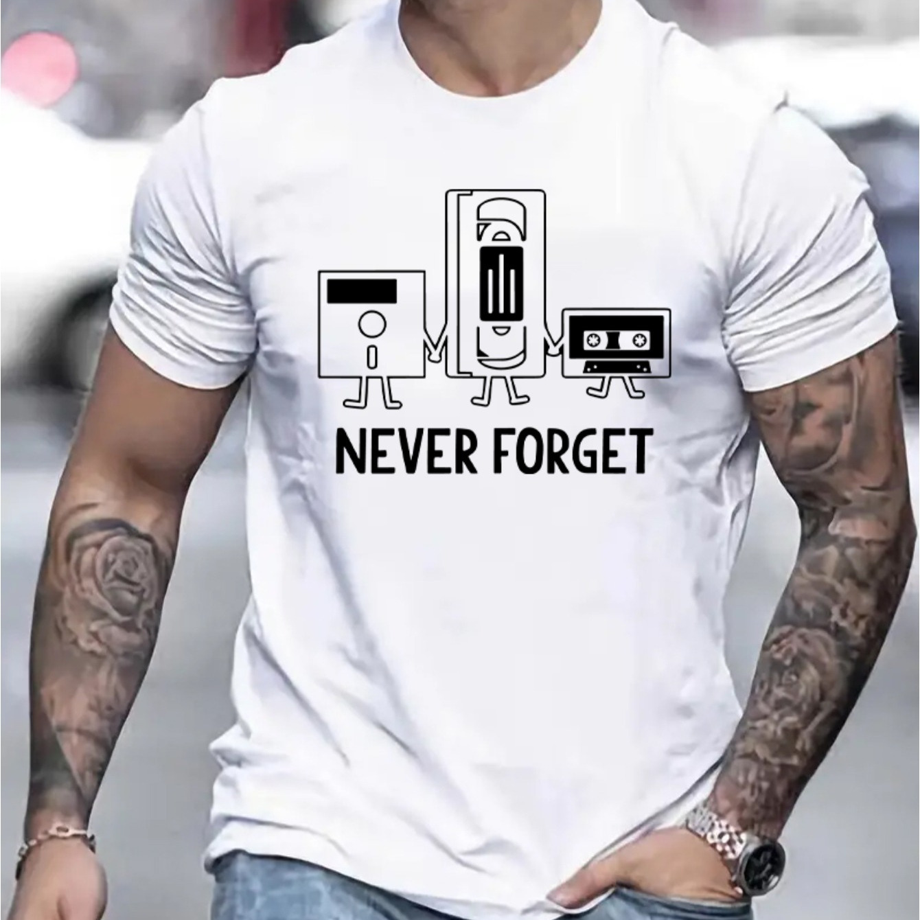 

Never Forget And Anime Appliances Graphic Print, Men's Novel Graphic Design T-shirt, Casual Comfy Tees For Summer, Men's Clothing Tops For Daily Activities