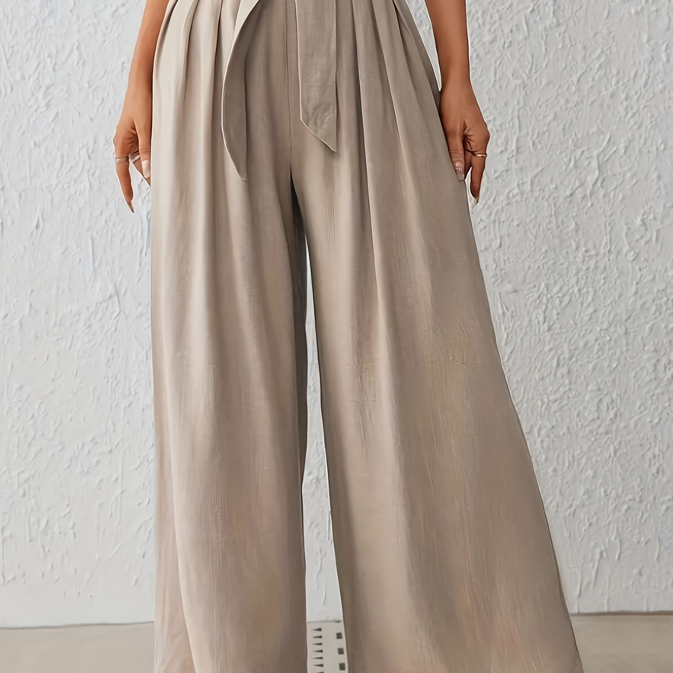 

Solid Belted Wide Leg Pants, Elegant High Waist Plicated Detail Loose Pants, Women's Clothing