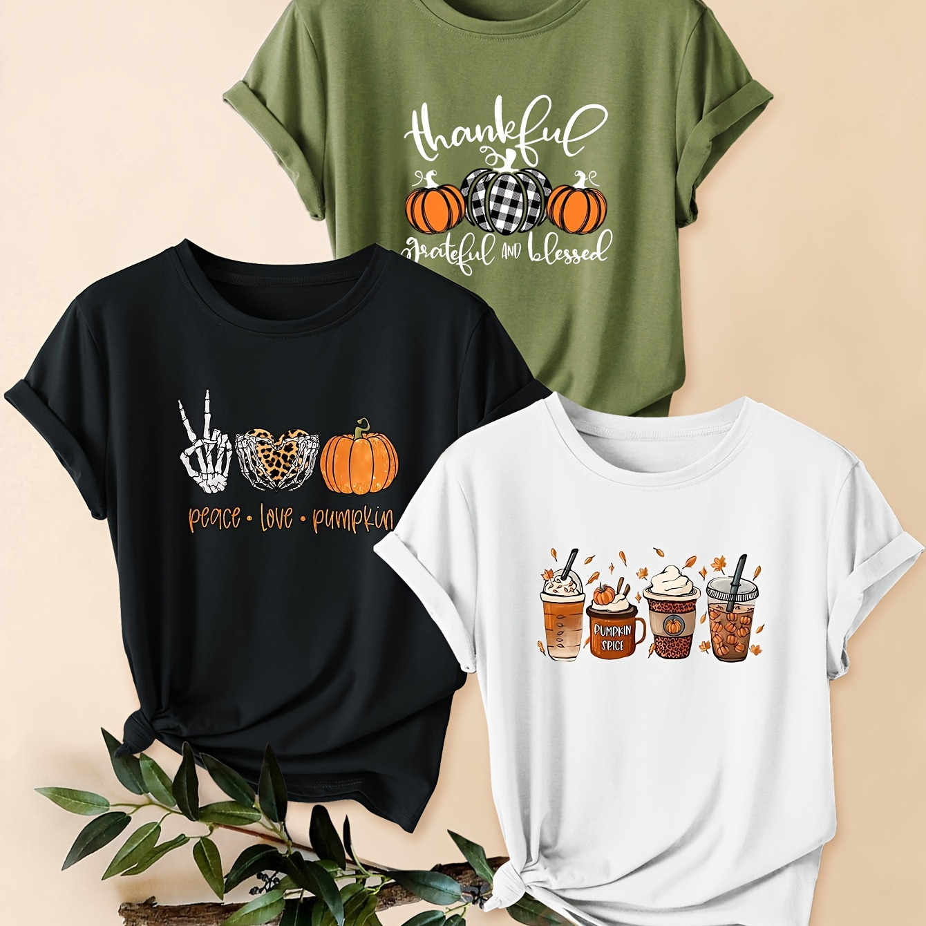 

3 Pcs Pumpkin & Letter Print Comfy T-shirt, Round Neck Short Sleeve Sports Tee, Women's Activewear For