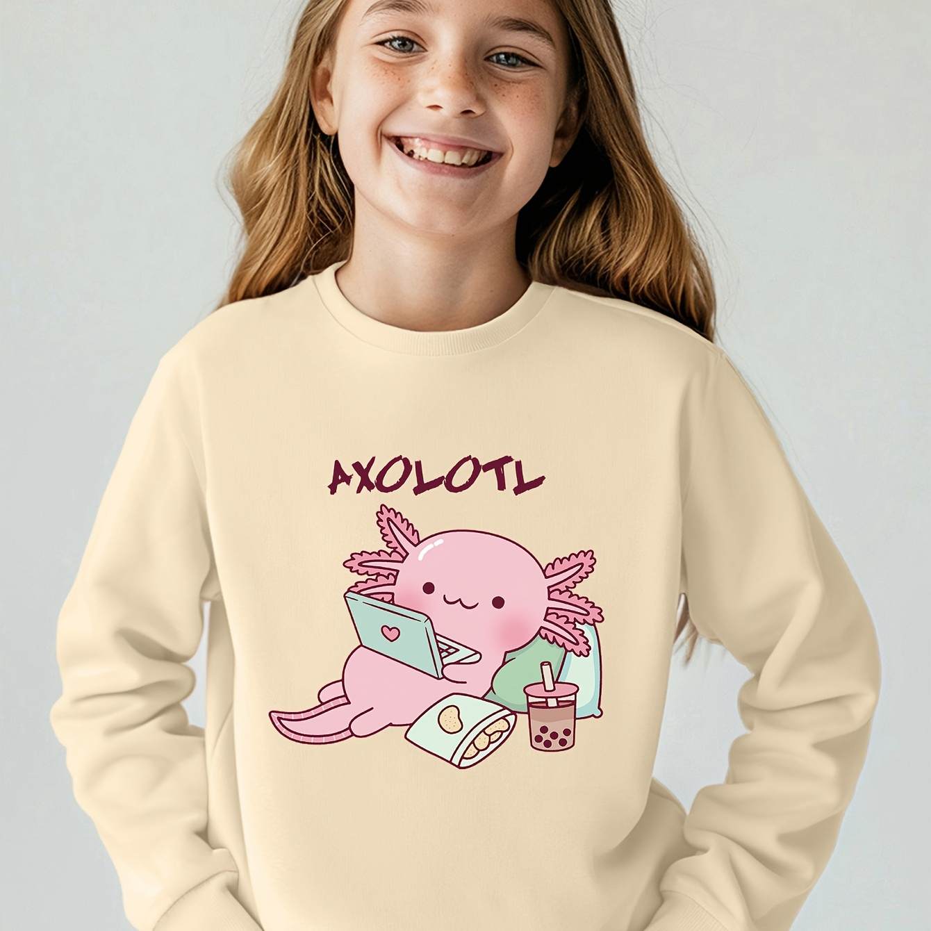 

Girl's Cute Axolotl Print Regular Fitted Long Sleeve Crew Neck Sweatshirt Casual Outwear For Autumn And Winter