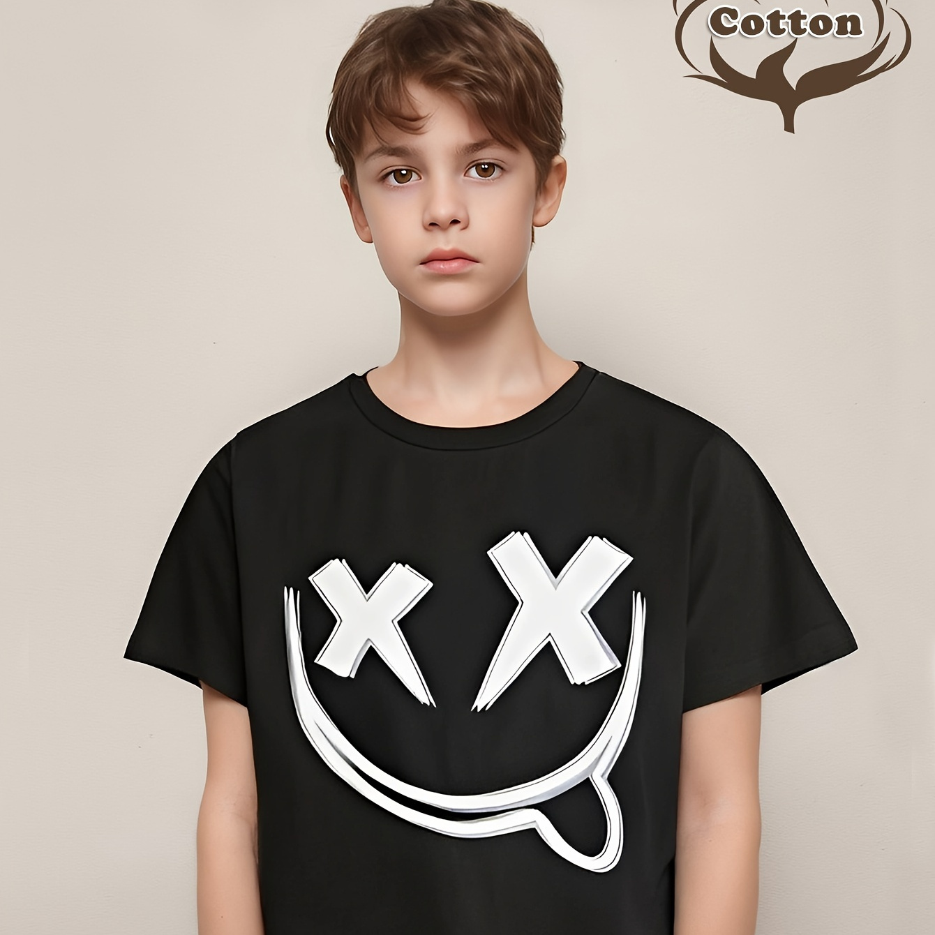 

Naughty Smiling Face Print Crew Neck T-shirt, Casual Short Sleeve T-shirt For Spring & Summer, Boy's Clothing