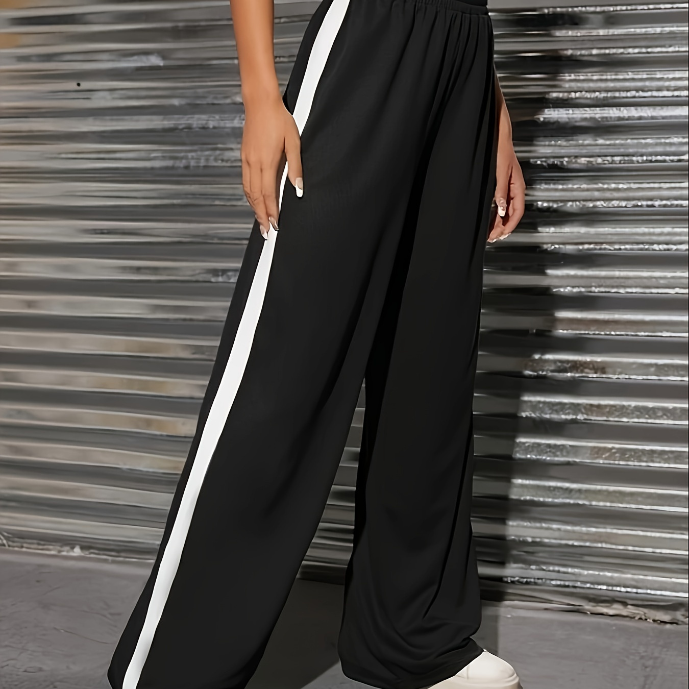 

Striped Side Wide Leg Pants, Casual Loose Contrast Trim Pants For Spring & Summer, Women's Clothing