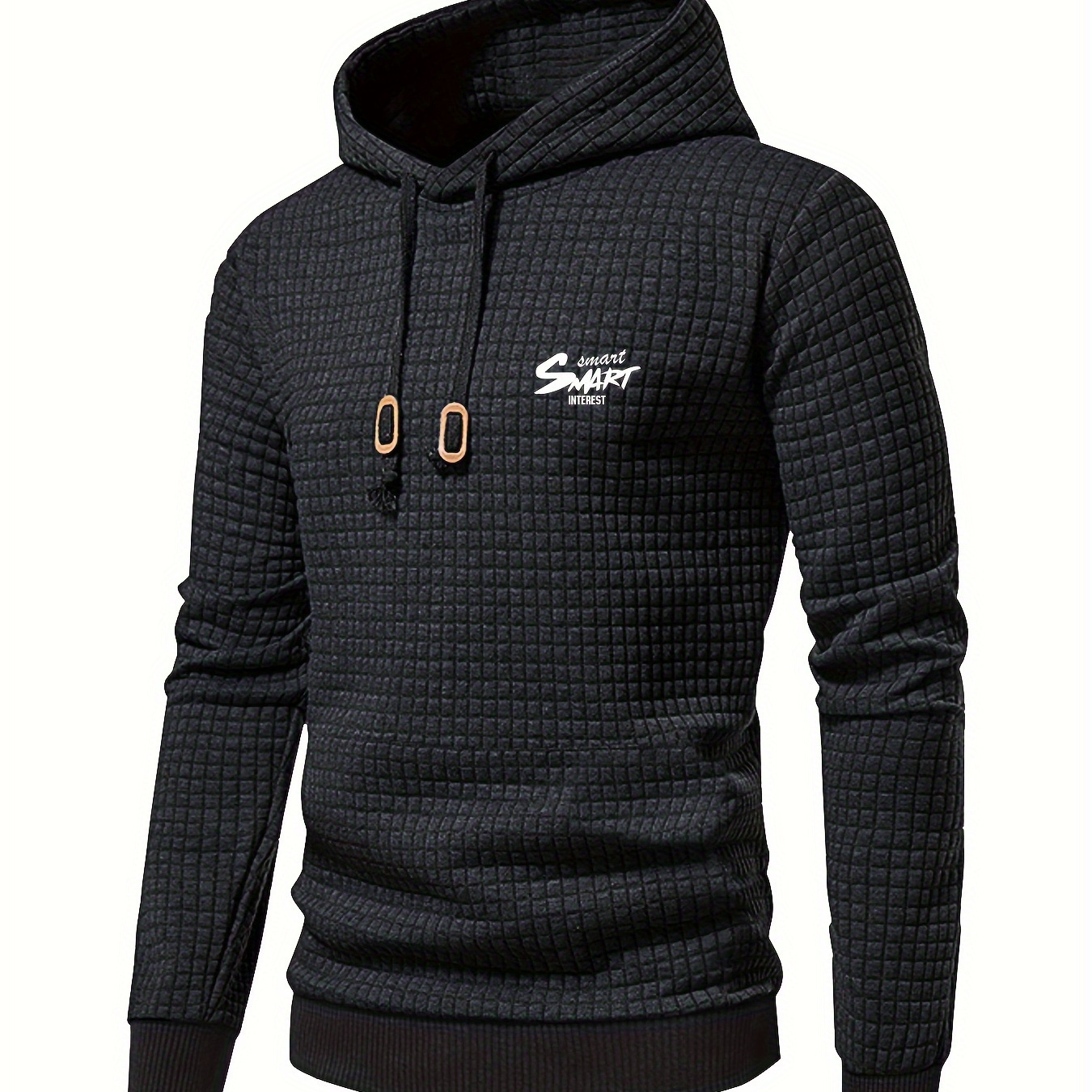 

Men's Casual Pullover Hoodie With Drawstring - Long Sleeve, Black Waffle Knit Sweatshirt With "sport" Embroidery, Ideal For Running & Fitness Training