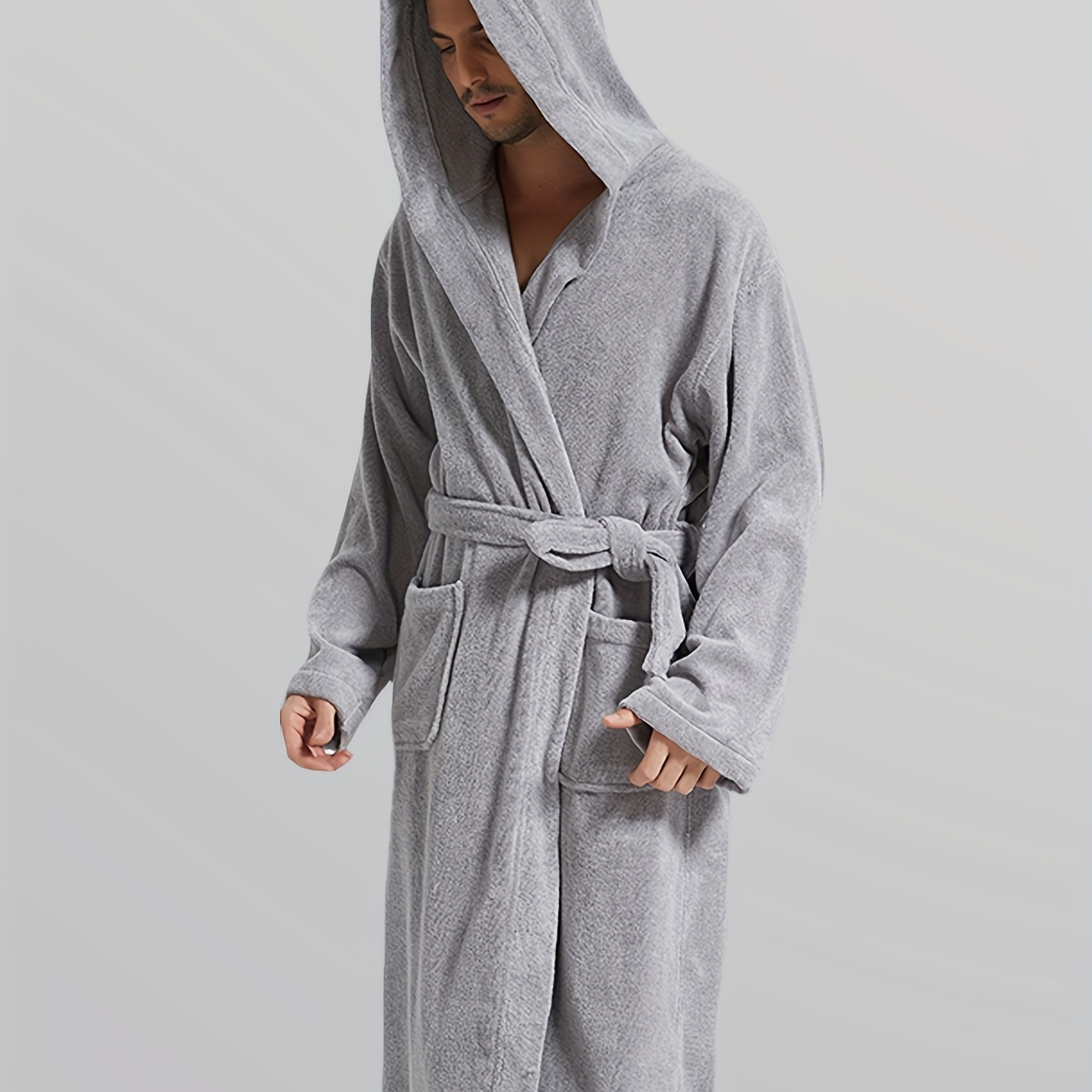 

Men's Trendy Pajamas Hooded Warm Cozy Flannel Robe After Bath, Solid Fleece Comfy Hoodie Lounge Wear With Pocket & Hair Dry Hat