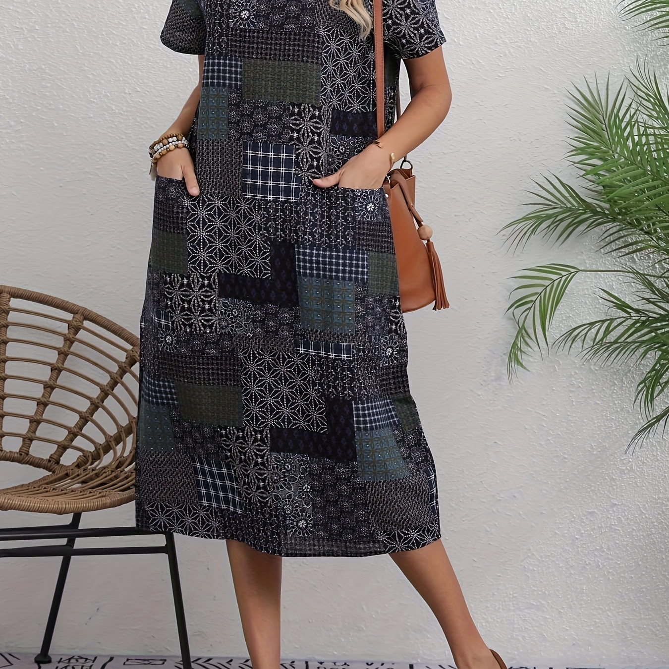 

Women's Chic Tunic Dress 100% Linen Crew Neck Plaid With Pockets For Spring/summer/fall - Woven Casual Midi Dress