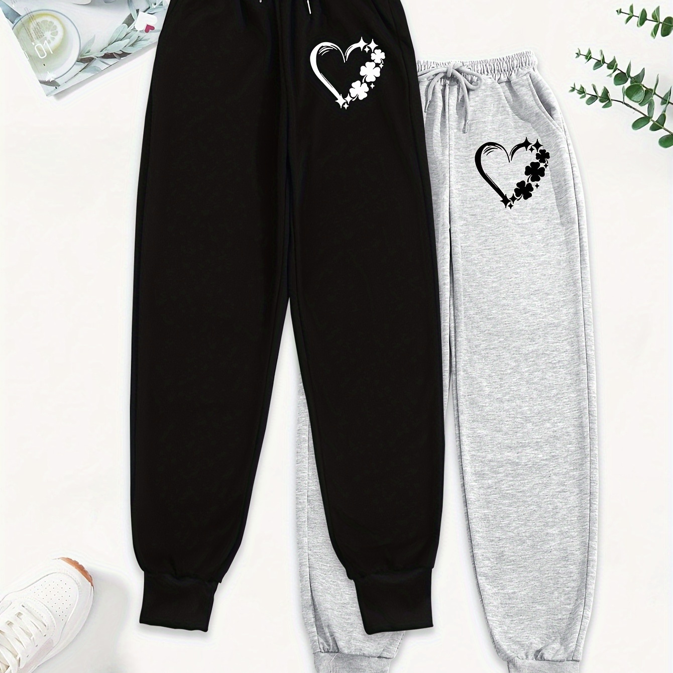 

2 Pieces Heart Print Fitted Bottom Joggers, Casual Drawstring Waist Slant Pockets Sporty Pants For Spring & Summer, Women's Clothing