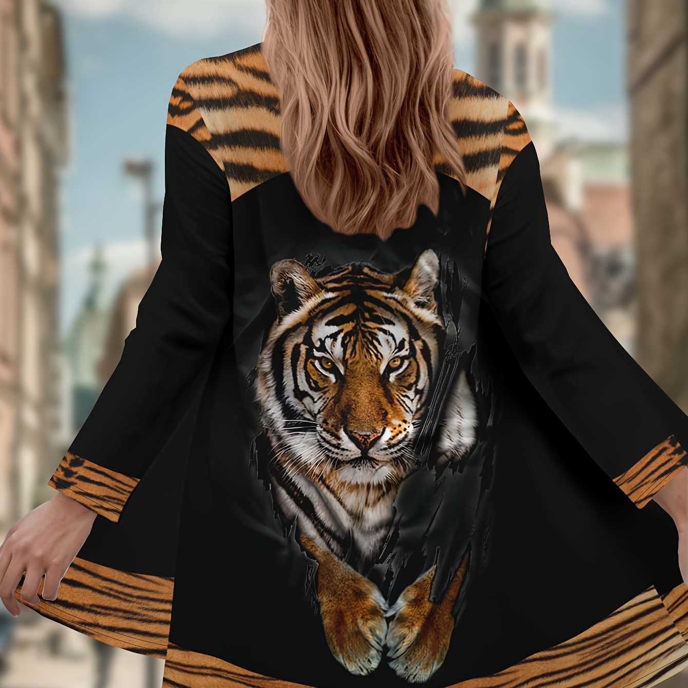 

Plus Size Tiger Print Tunic Top, Casual Open Front Long Sleeve Top For Spring & Fall, Women's Plus Size Clothing