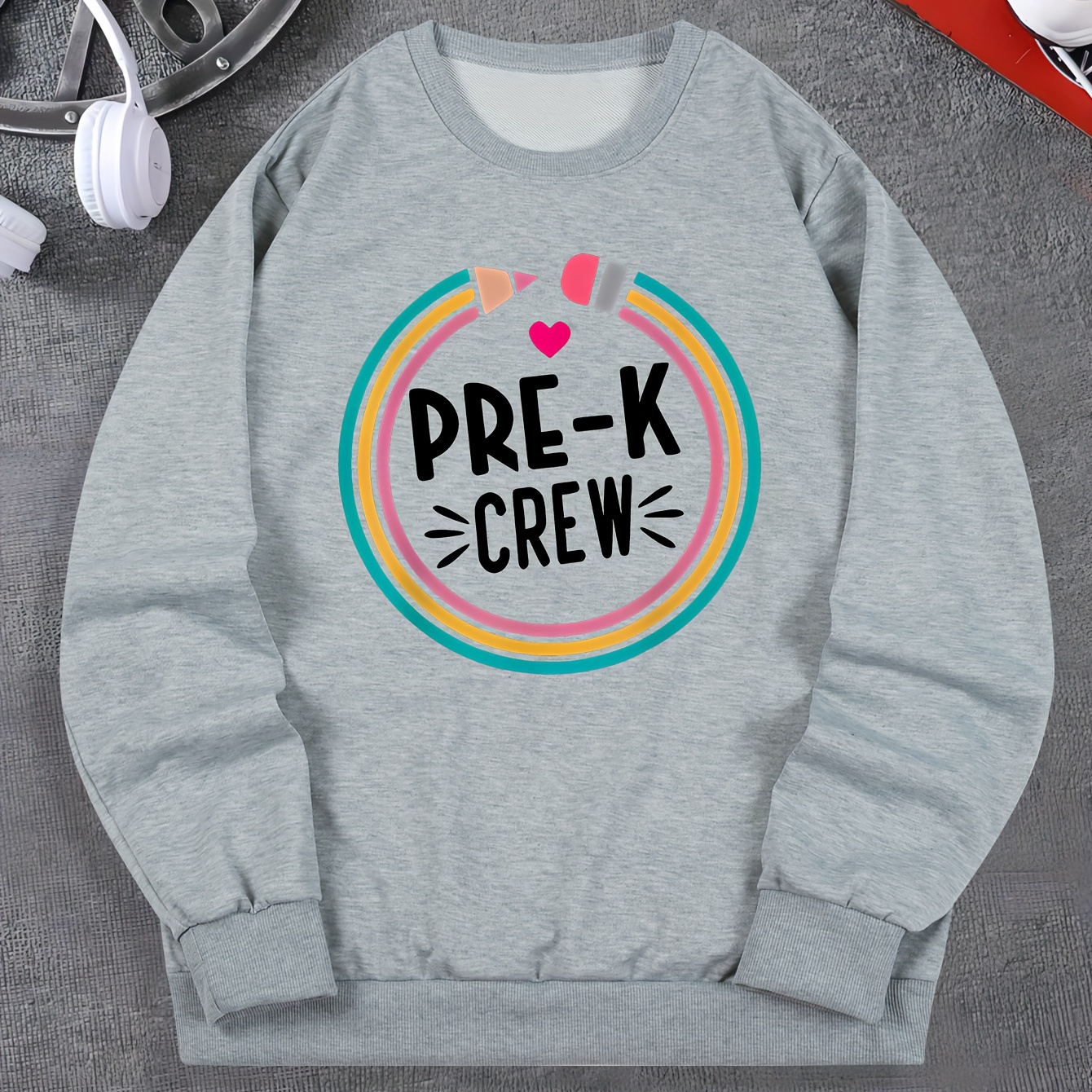 

Pre-k Crew And Cat Whiskers Print, Men's Crew Neck Sweatshirt, Streetwear Pullover With Long Sleeves, Slightly Flex Top Clothing For Men For All Seasons